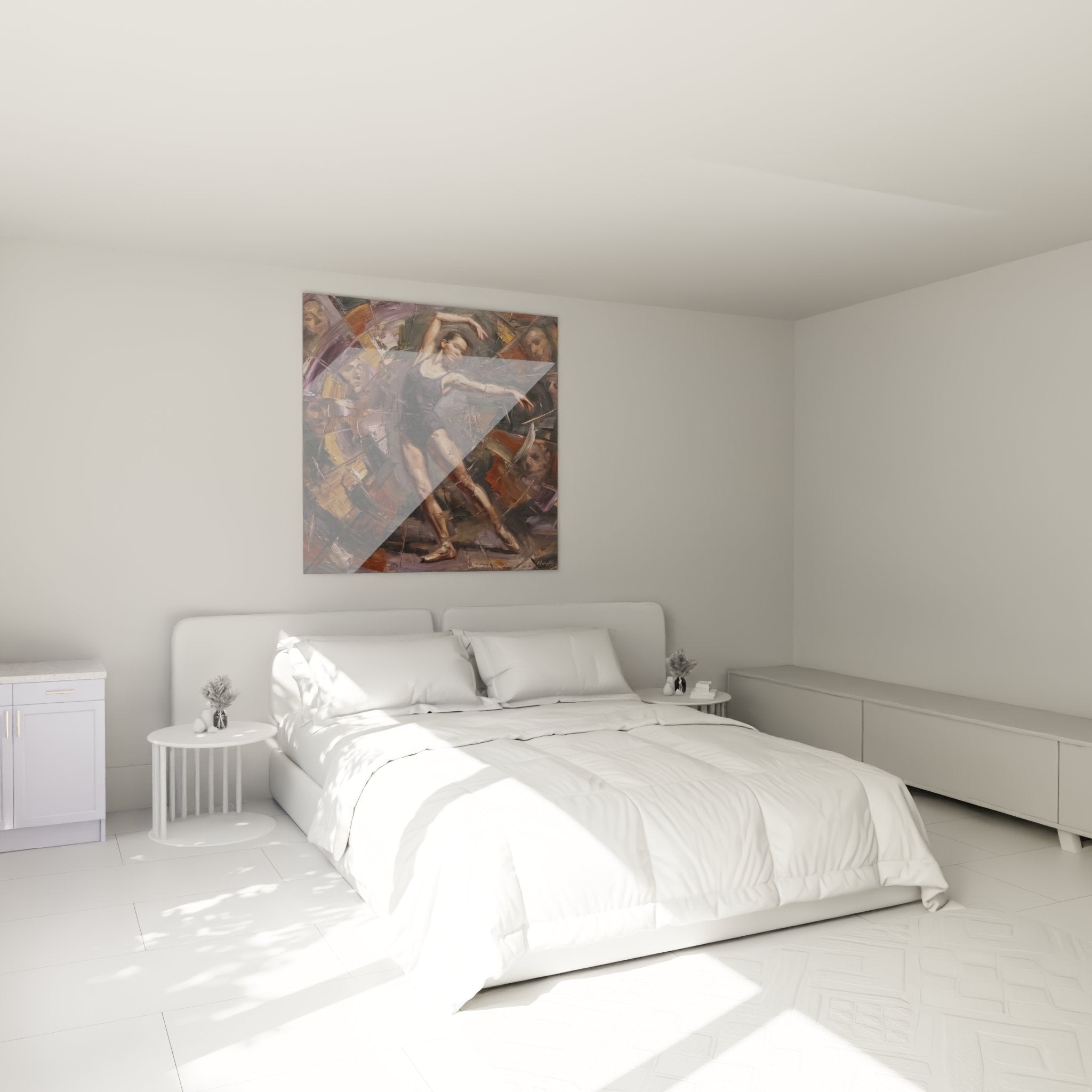 Modernes Wandbild mit abstrakter Tänzerin als stilvolle Dekoration im Schlafzimmer