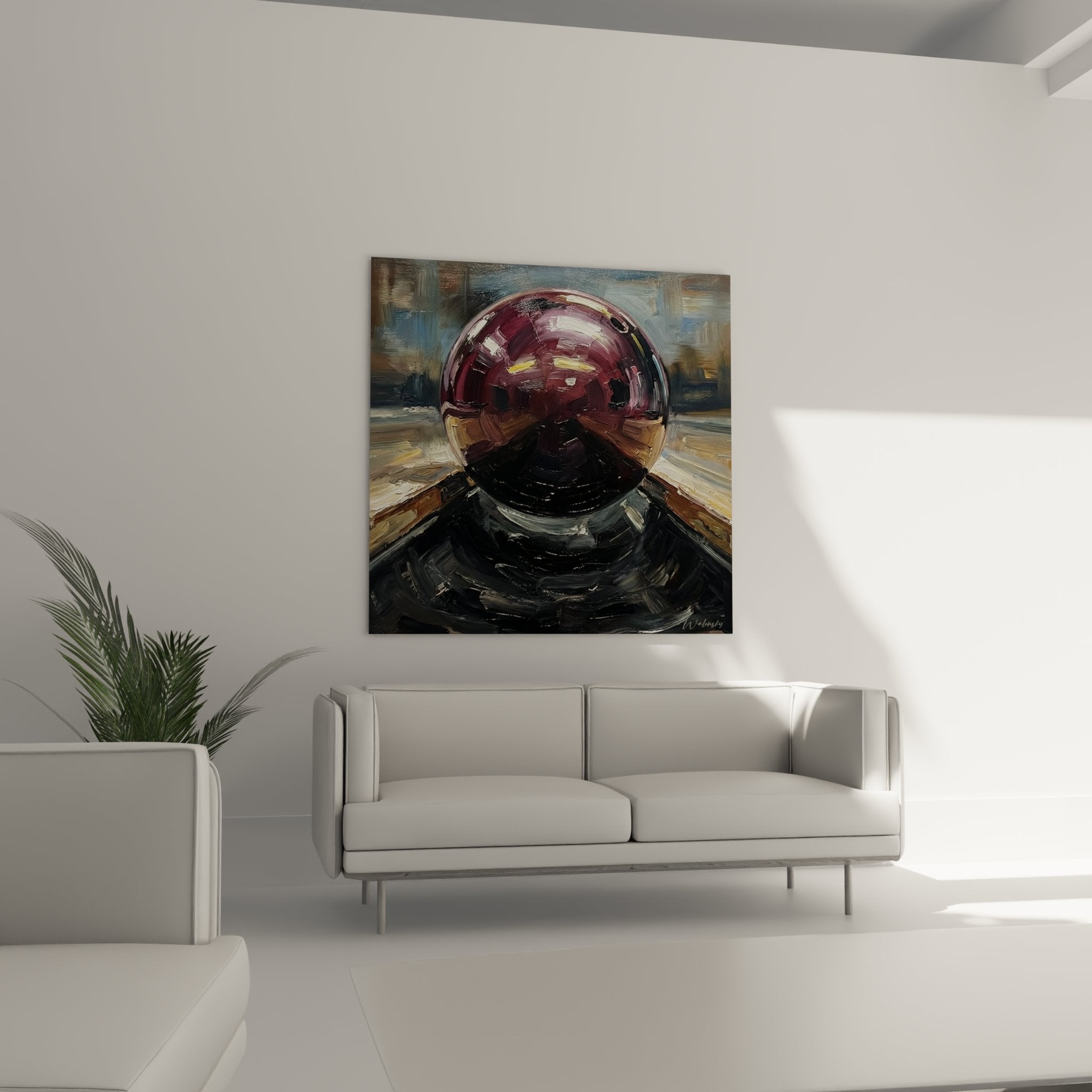 Detailaufnahme des glänzenden Bowling Ball Gemäldes mit sichtbaren Pinselstrichen und Lichtreflexen