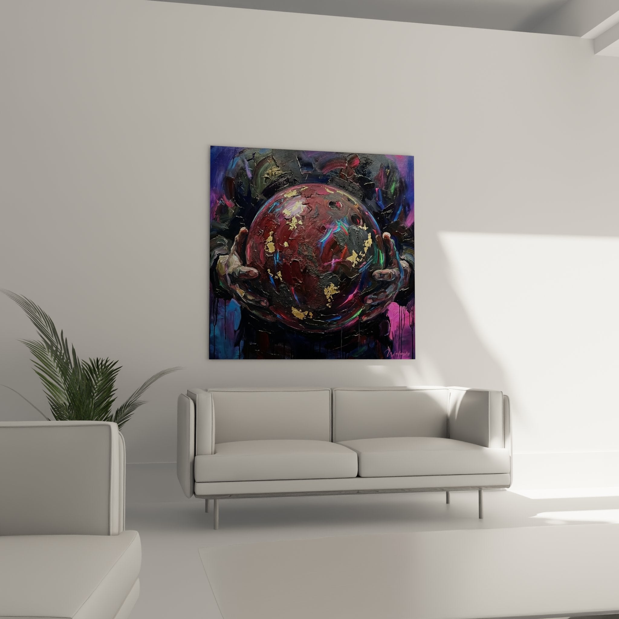 Detailansicht der abstrakten Kugel mit goldenen Fragmenten und violetten Farbtönen