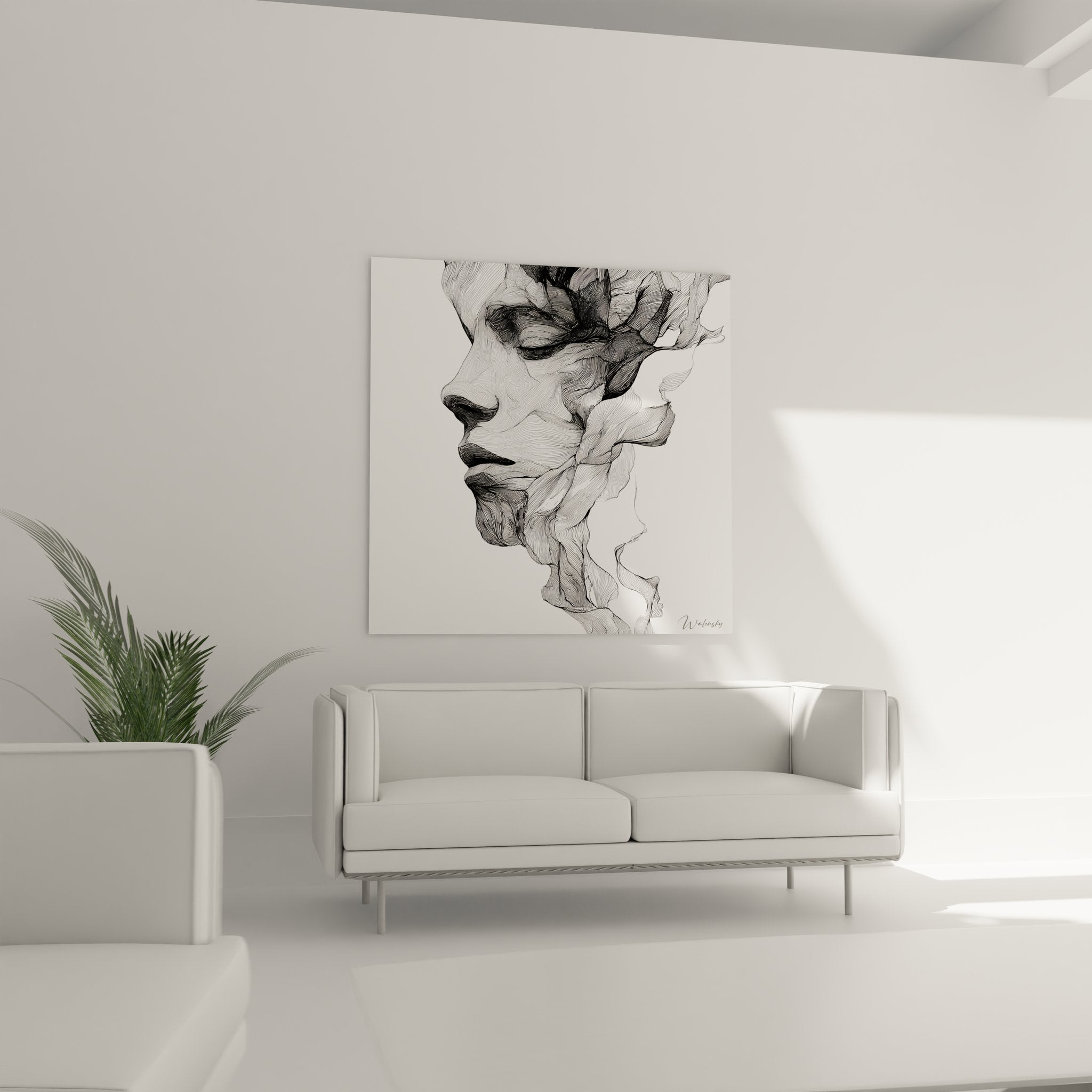 Detailansicht des fragmentierten Gesichts - präzise Linienführung und florale Elemente in schwarz-weiß