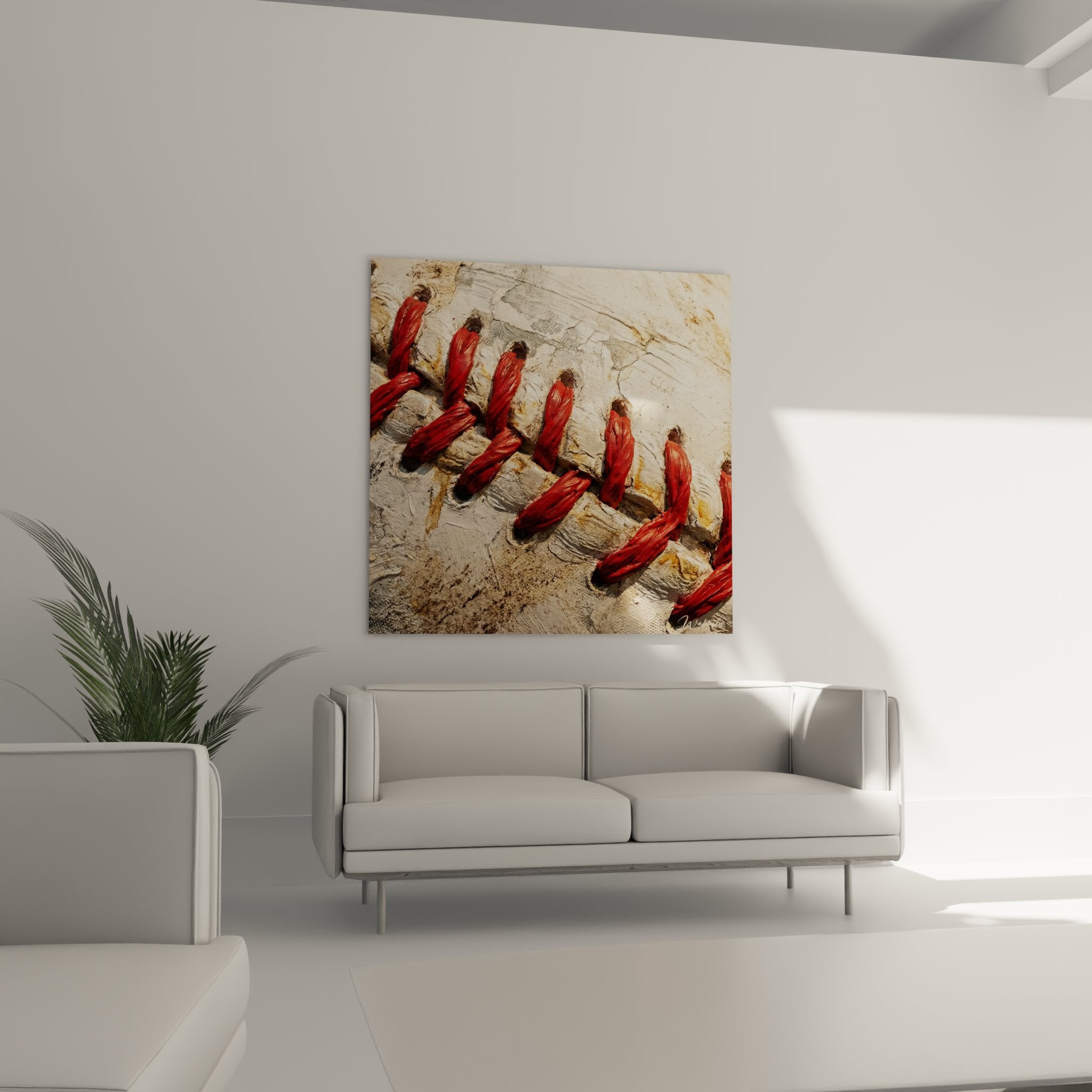 Nahaufnahme Baseball Schnüre rot detailliert - handwerkliche Qualität Baseball Wandkunst