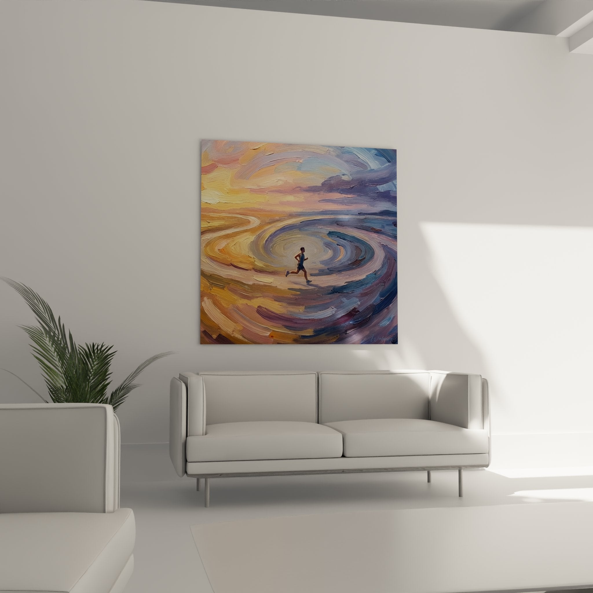 Nahaufnahme der impressionistischen Pinselstriche und Farbübergänge des Läufer Wandbildes