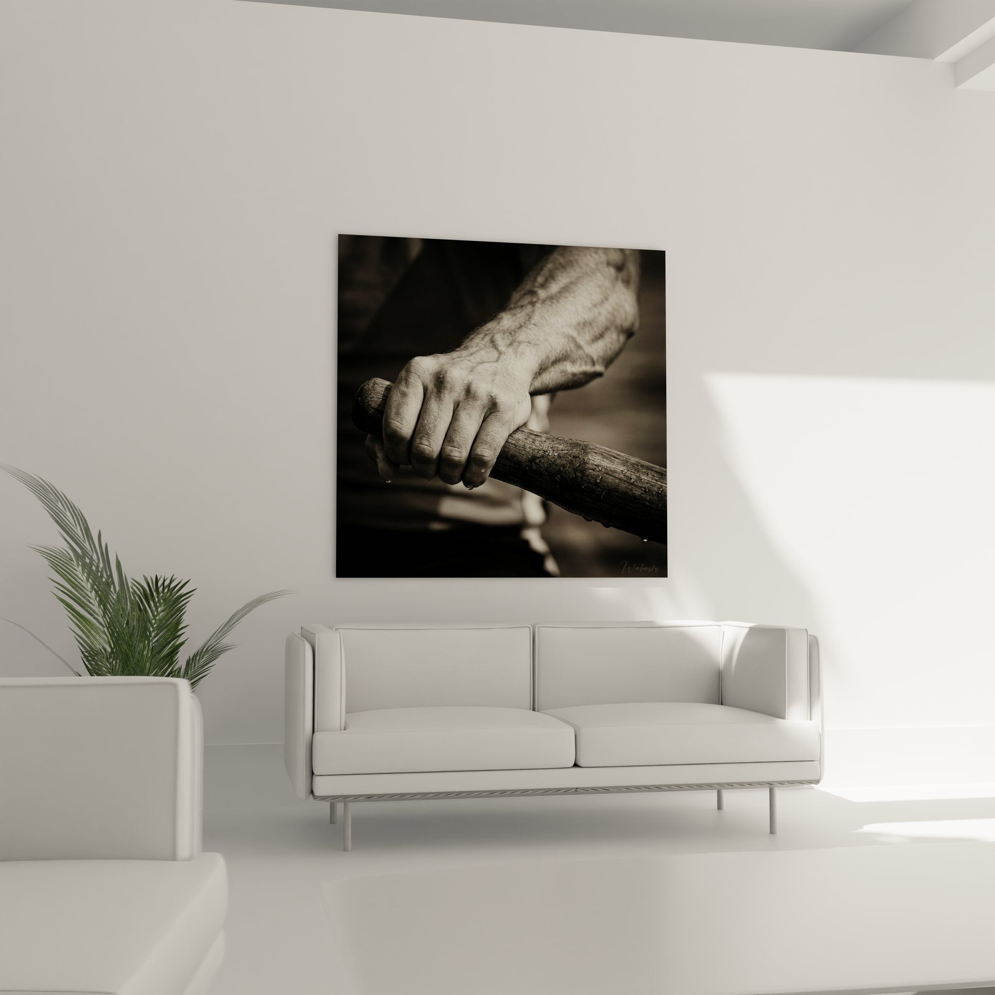 Nahaufnahme Rudergriff Wandbild, detailreiche Darstellung der Rudererhand am Holzruder