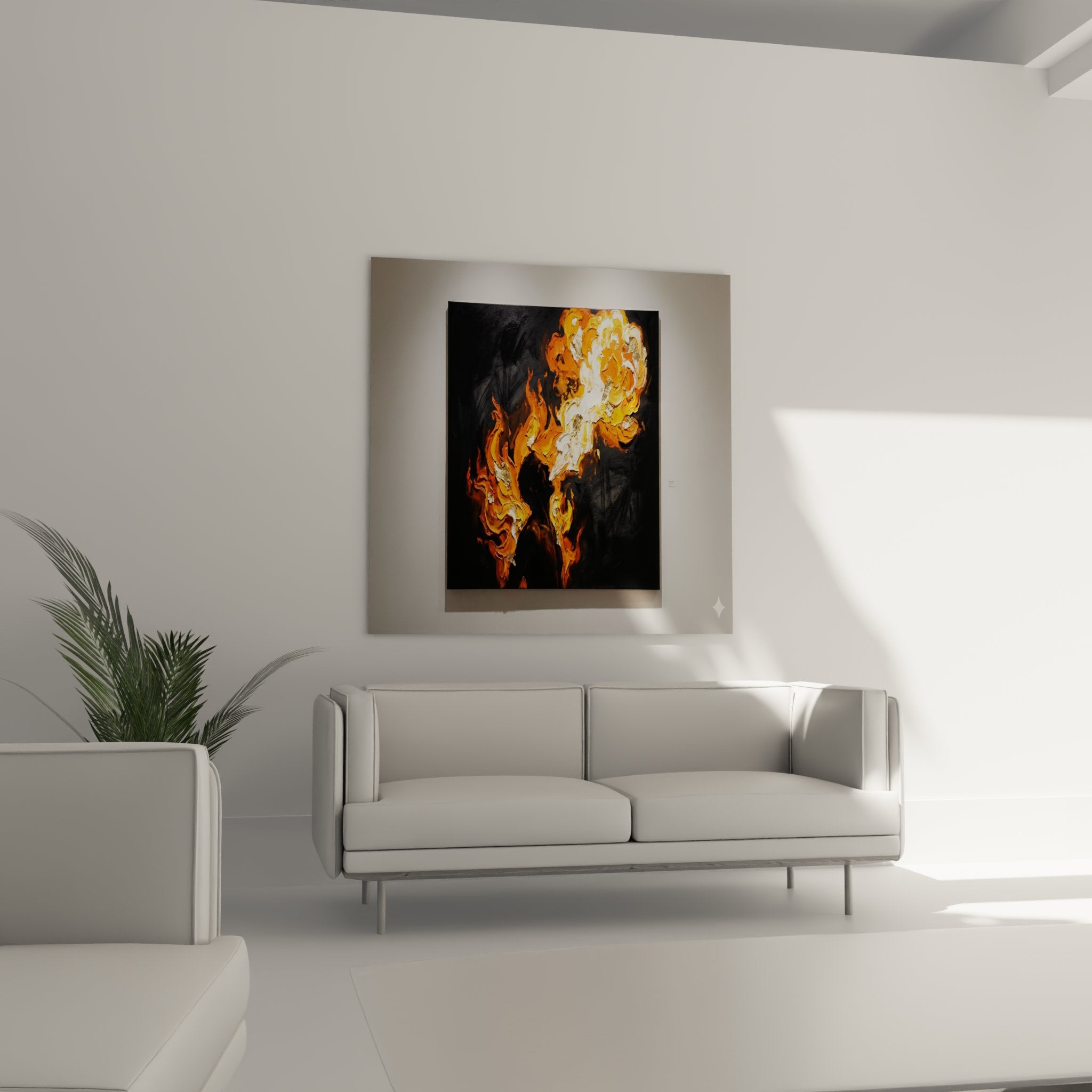 Detailansicht der expressiven Flammen und Pinselstriche des Zirkus Feuerspektakel Wandbildes in Orange und Gold