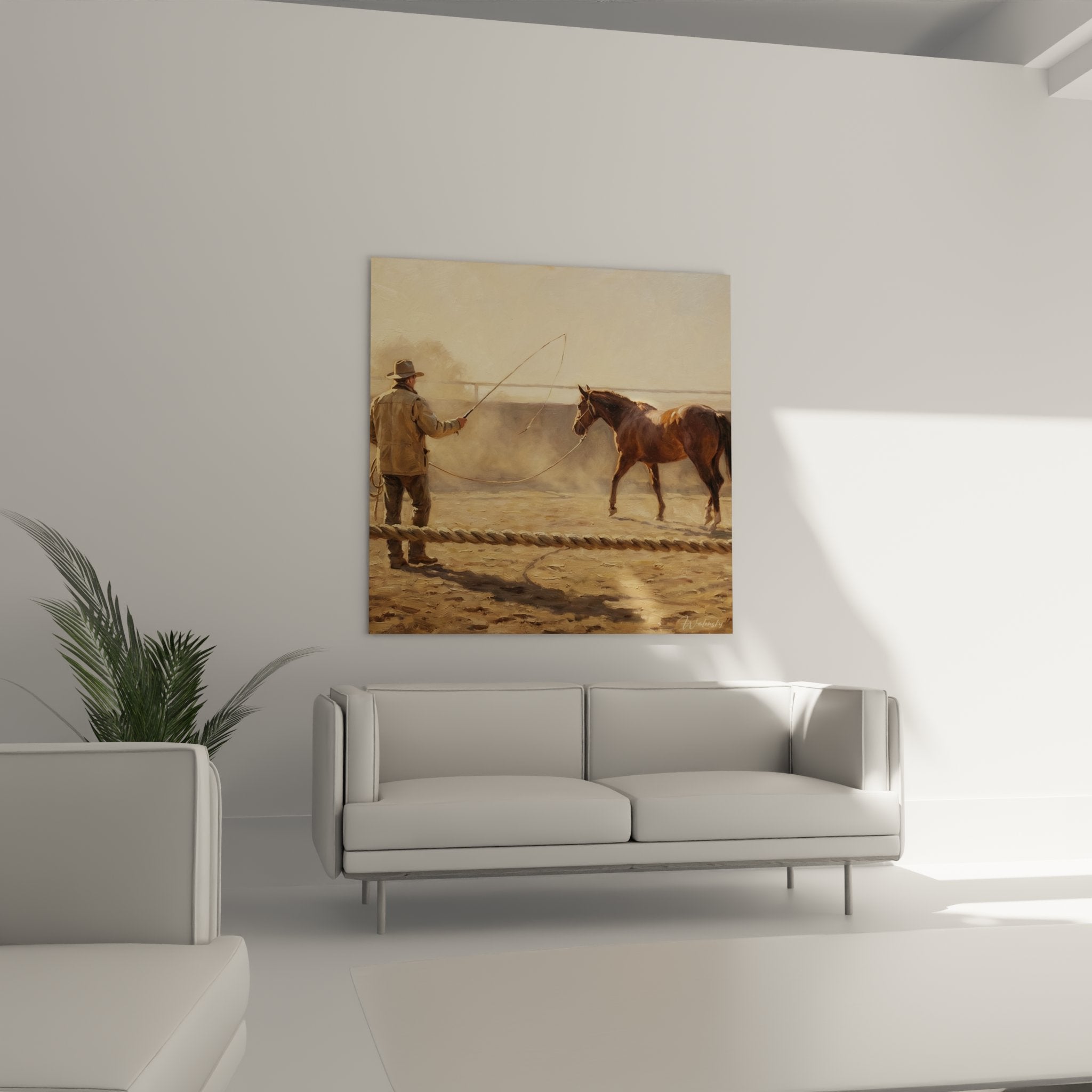 Nahaufnahme Cowboy mit Longierseil und Pferd, detailreiche Darstellung, authentische Western Szene