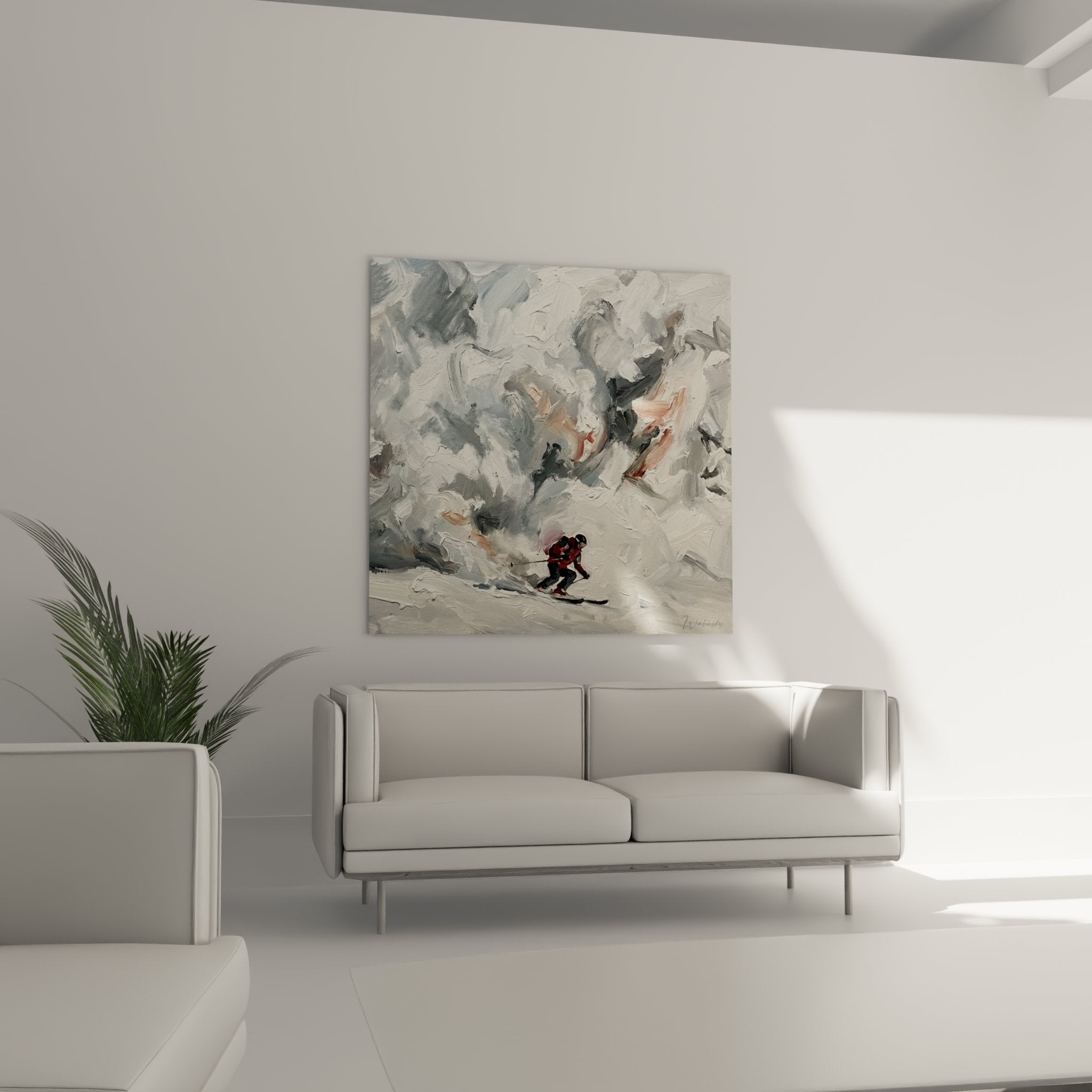 Nahaufnahme Wandbild Skifahrer, detaillierte Pinselstriche und rote Akzente im Schneesturm