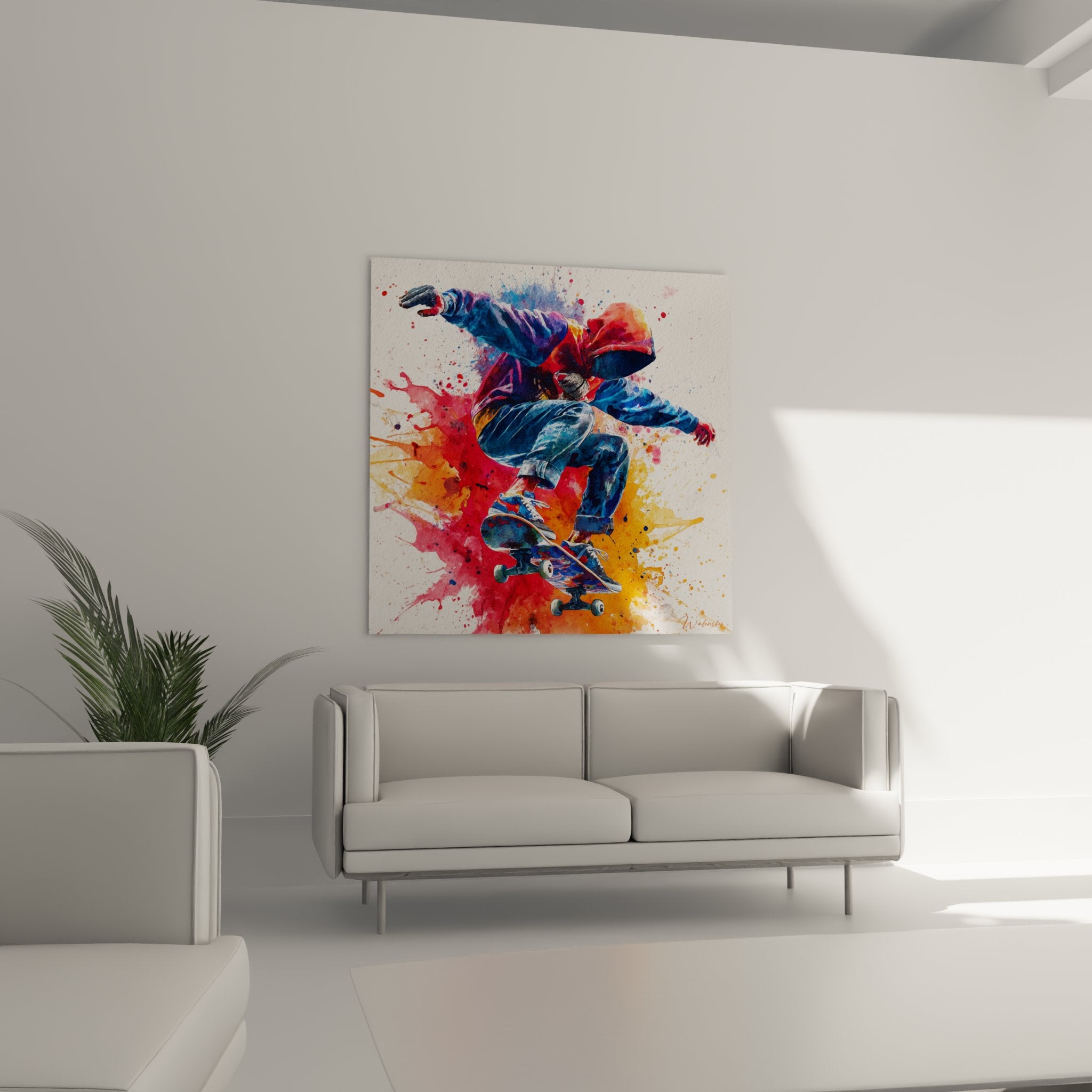 Nahaufnahme Skateboard Kunstwerk mit detaillierten Aquarell Farbspitzern und Pinselstrichen