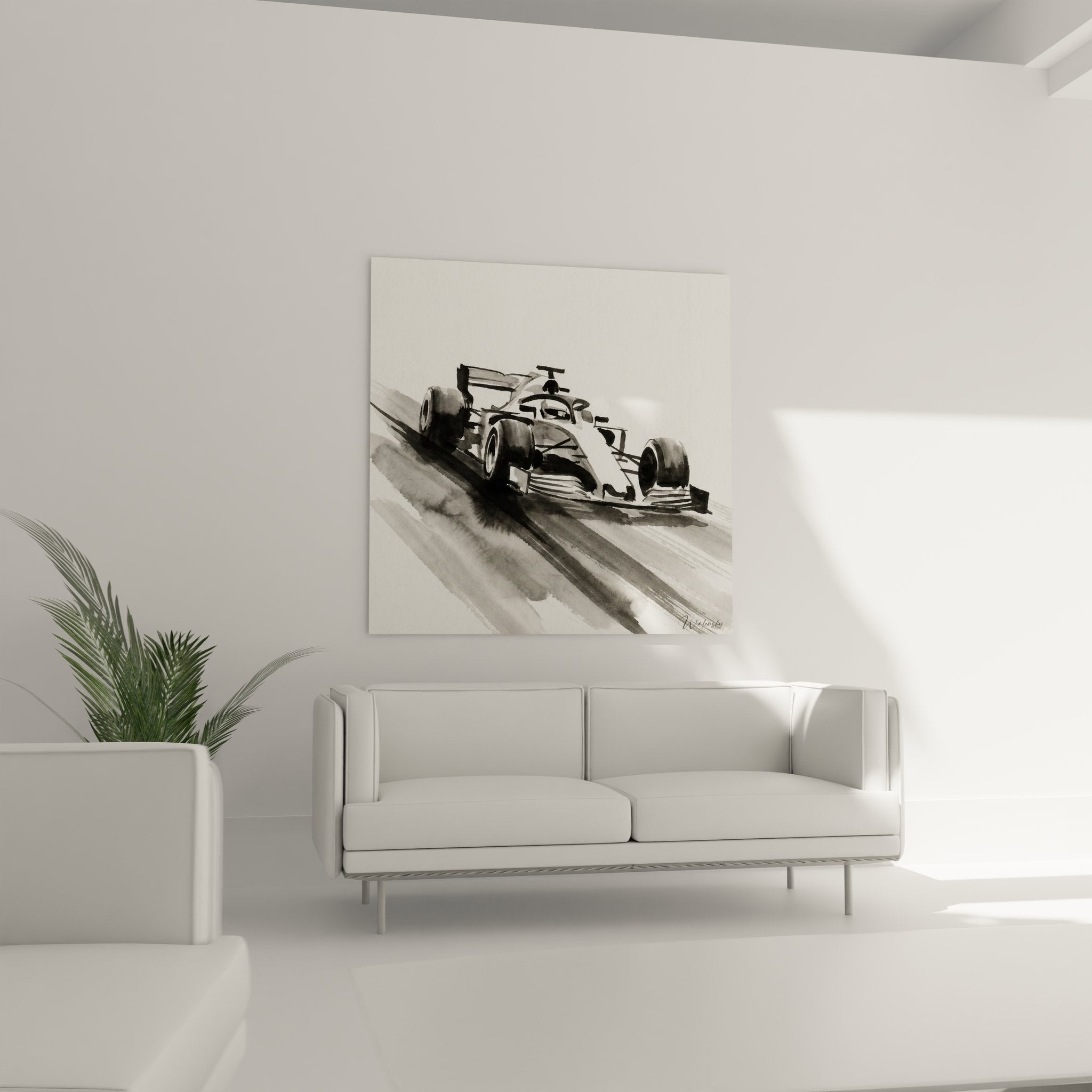 Nahaufnahme des F1 Rennwagen Aquarell Wandbilds mit detaillierter Pinselführung