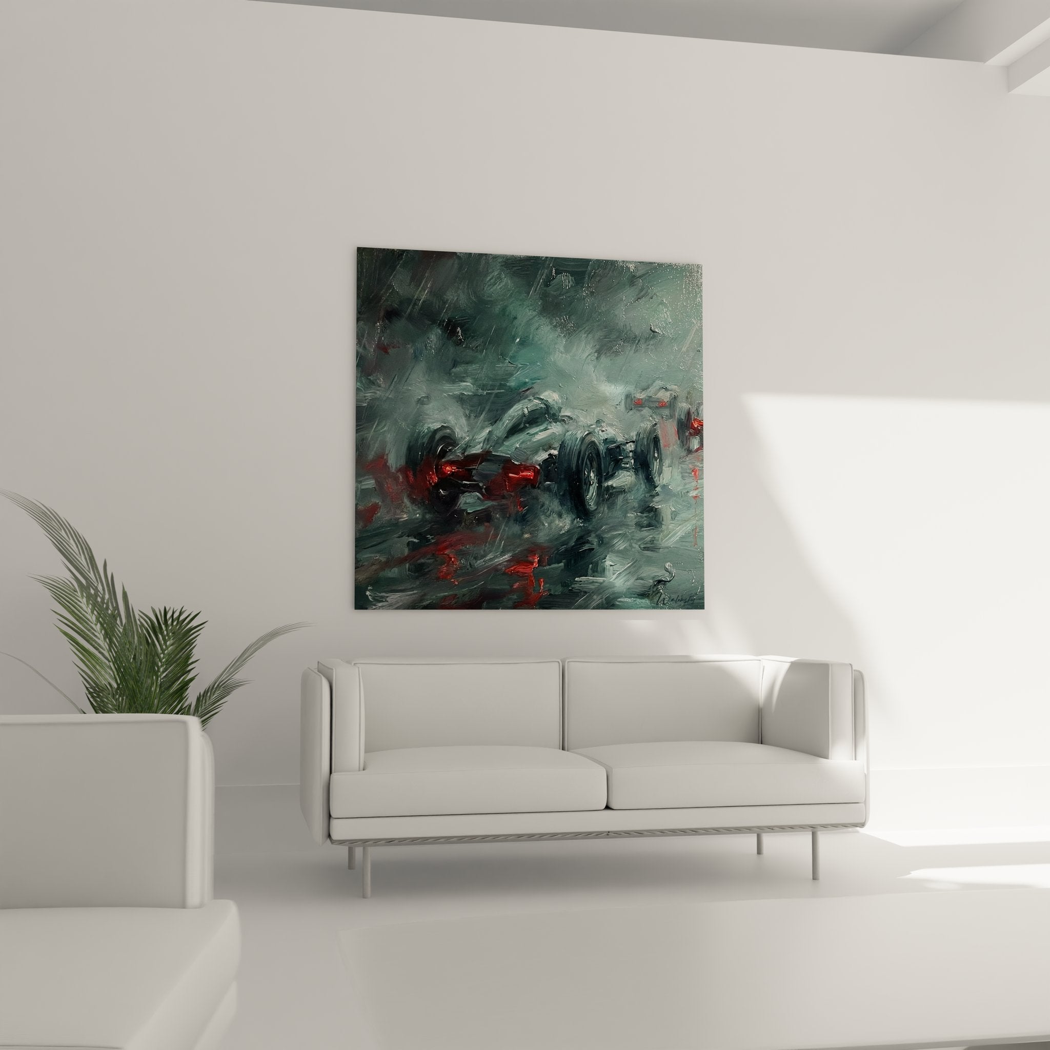 Nahaufnahme Formel 1 Wandbild zeigt Details der expressionistischen Maltechnik und Farbverläufe