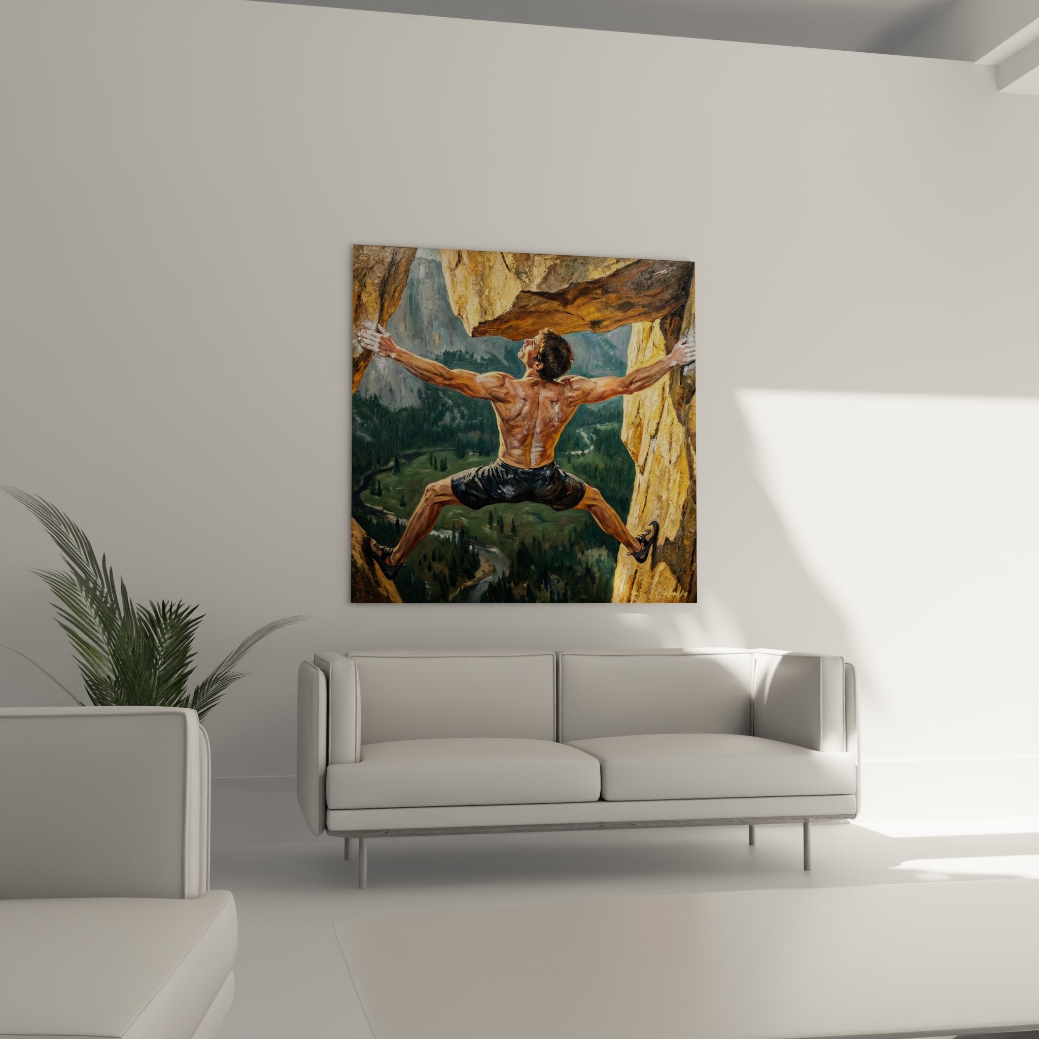 Nahaufnahme des Klettern Wandbildes mit detailreicher Darstellung von Felsen und Bergpanorama