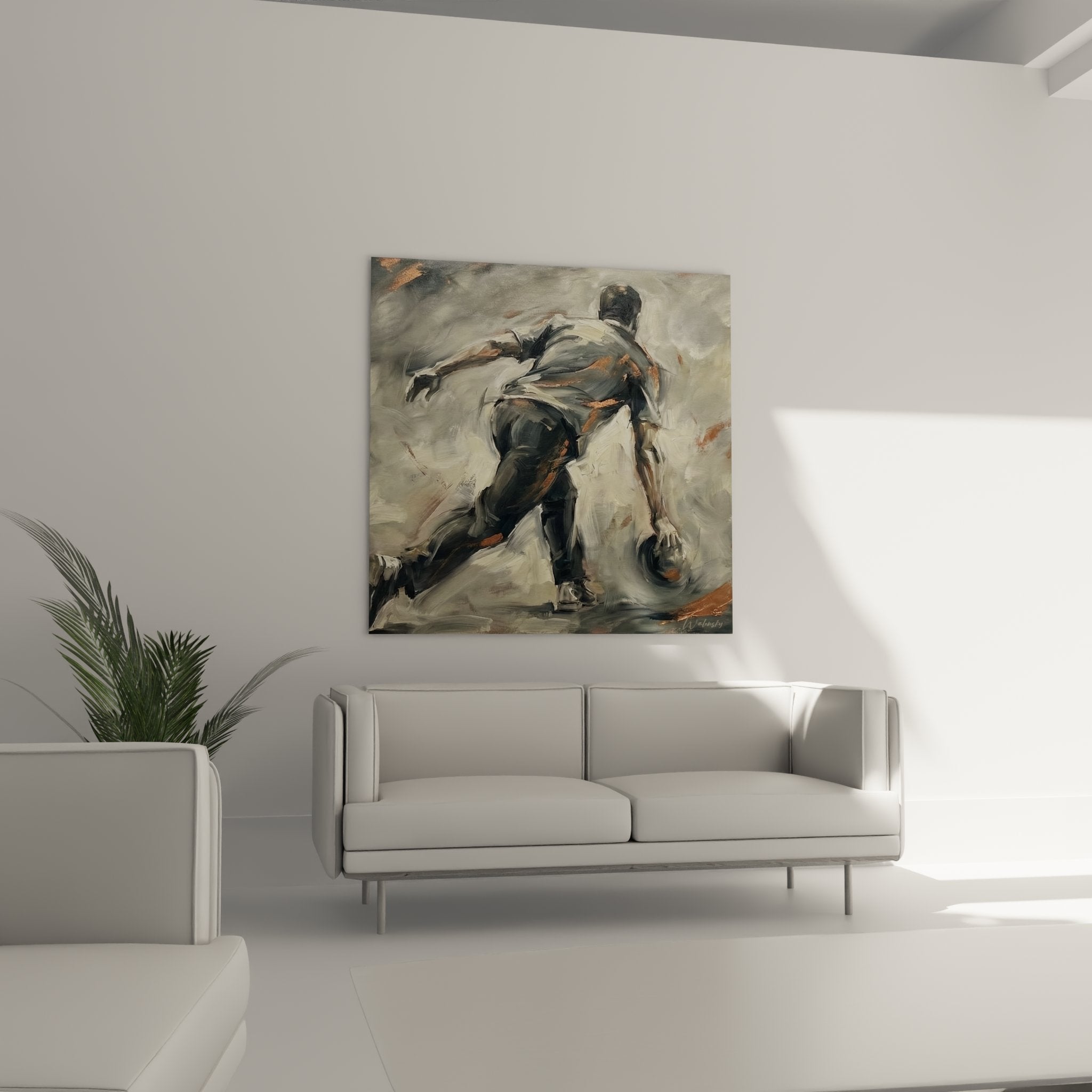 Detailaufnahme des Bowling-Gemäldes zeigt expressive Maltechnik und dynamische Bewegungsdarstellung