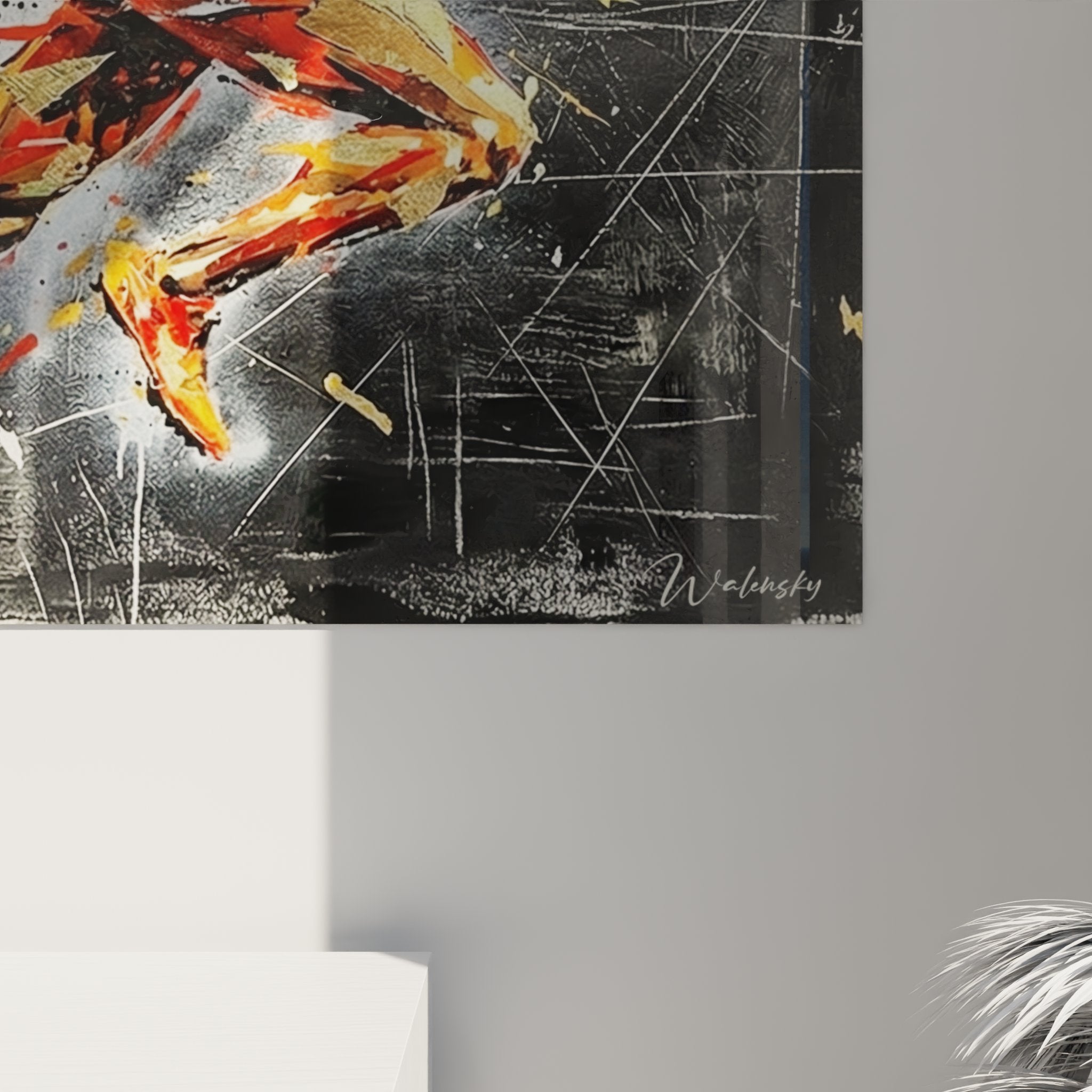 Gesamtansicht des dynamischen Läufer-Wandbildes mit explosiver Farbkomposition in Orange, Rot und Gold