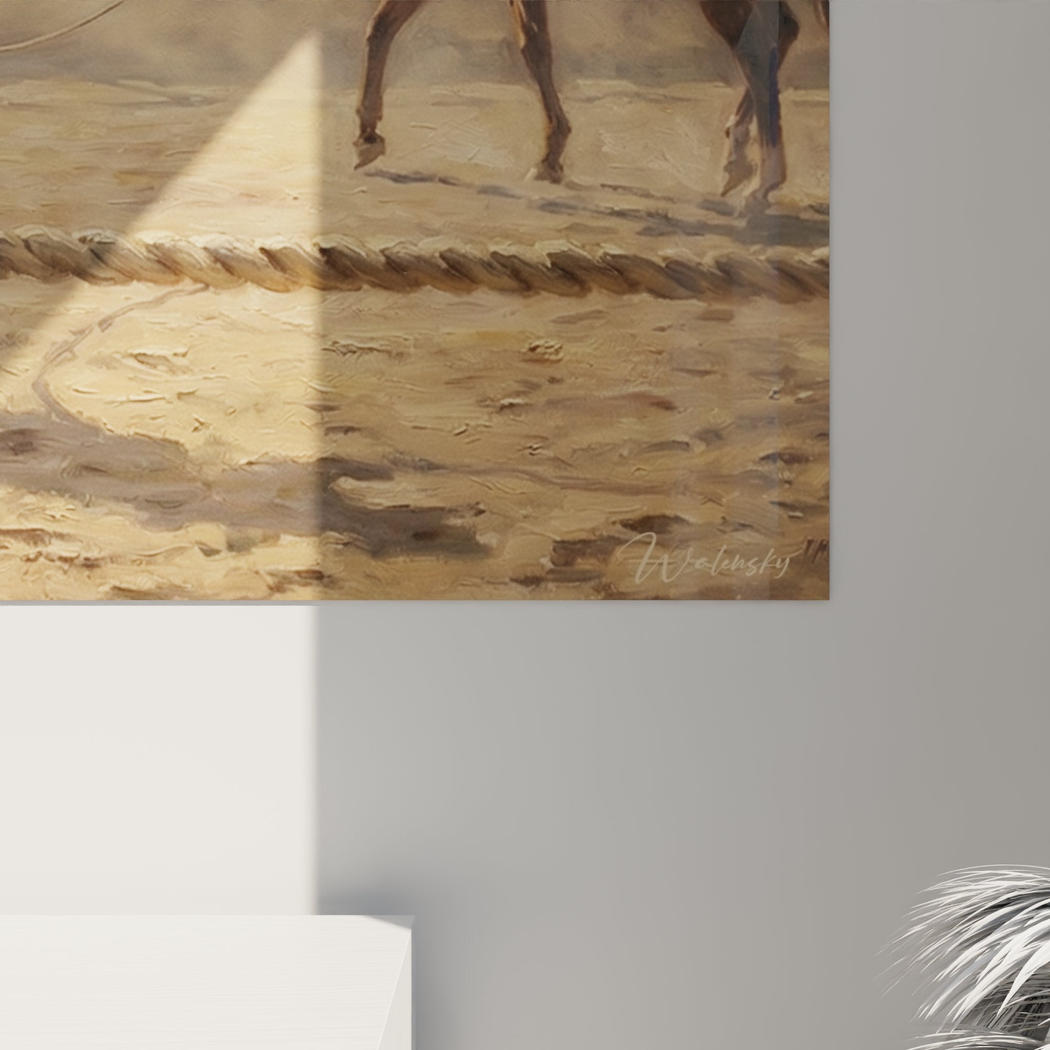 Gesamtansicht Wandbild Cowboy beim Pferdetraining, Ranch Atmosphäre, goldene Lichtstimmung