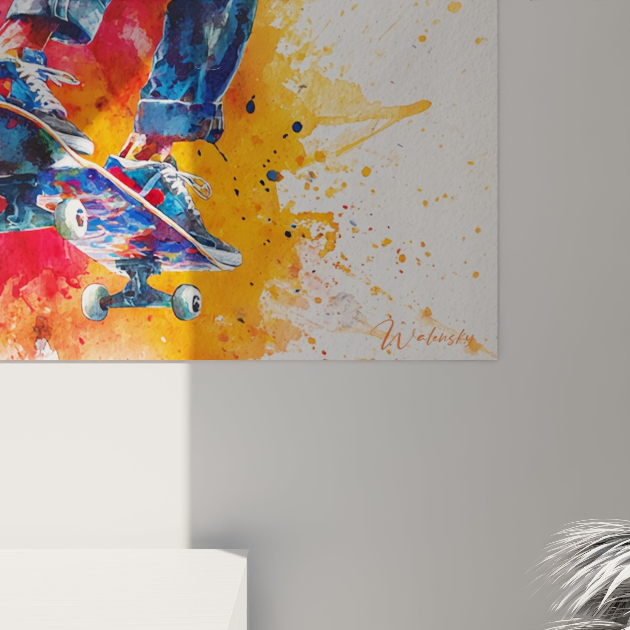 Gesamtansicht Street Art Wandbild Skateboarder in voller Bewegung mit lebendiger Farbpalette