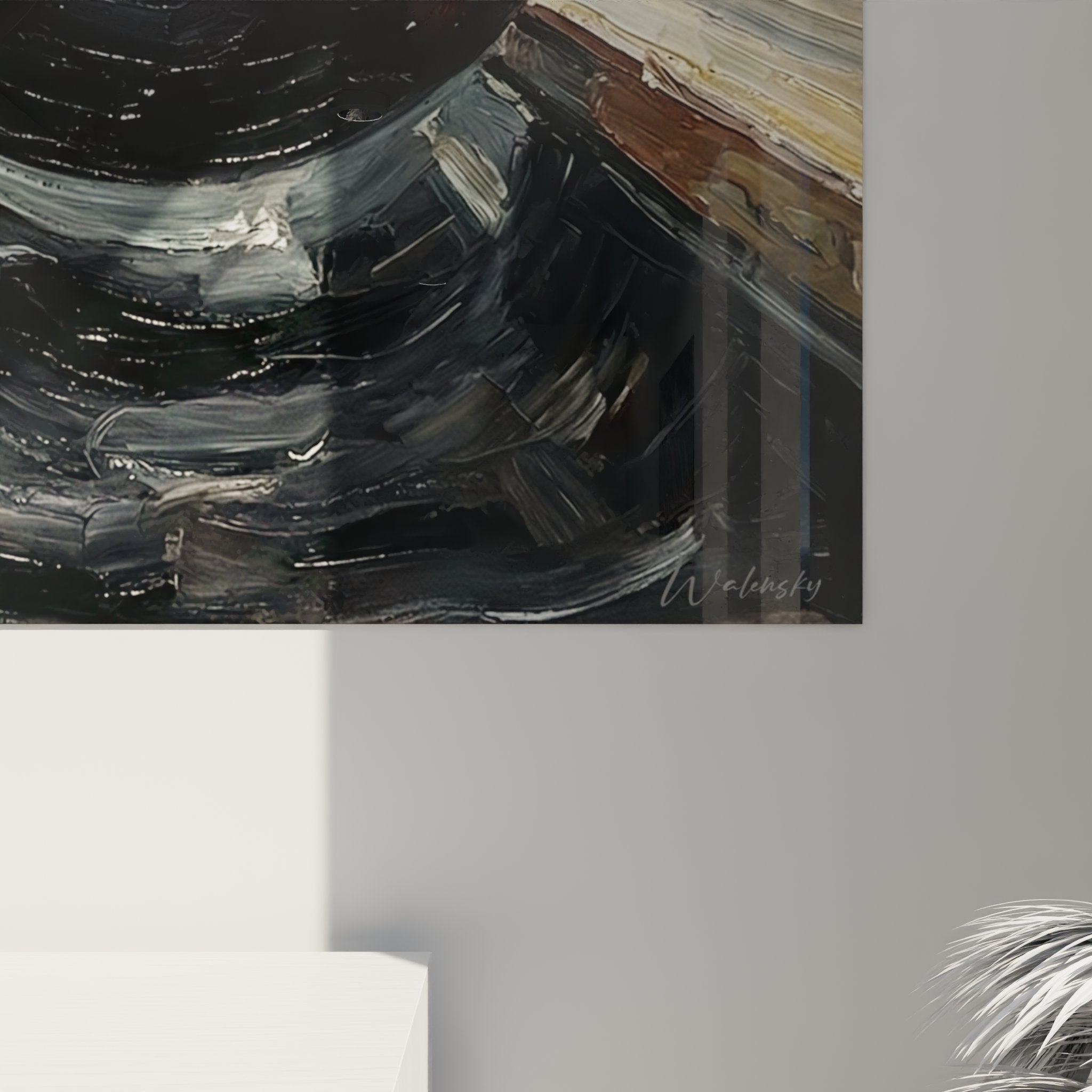 Gesamtansicht des Bowling Ball Kunstwerks mit expressivem Hintergrund und moderner Maltechnik