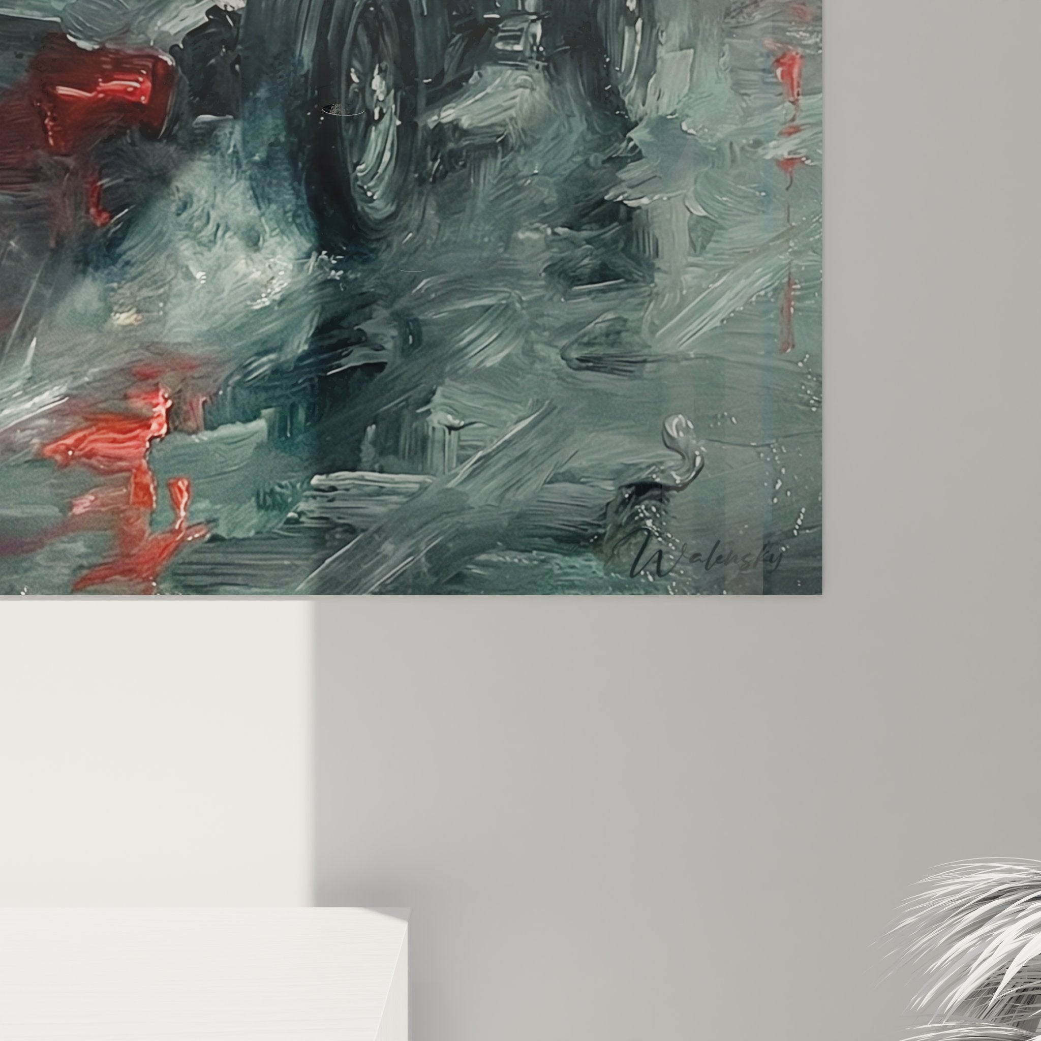 Gesamtansicht des F1 Rennwagen Wandbildes mit dynamischer Komposition und Regenstimmung