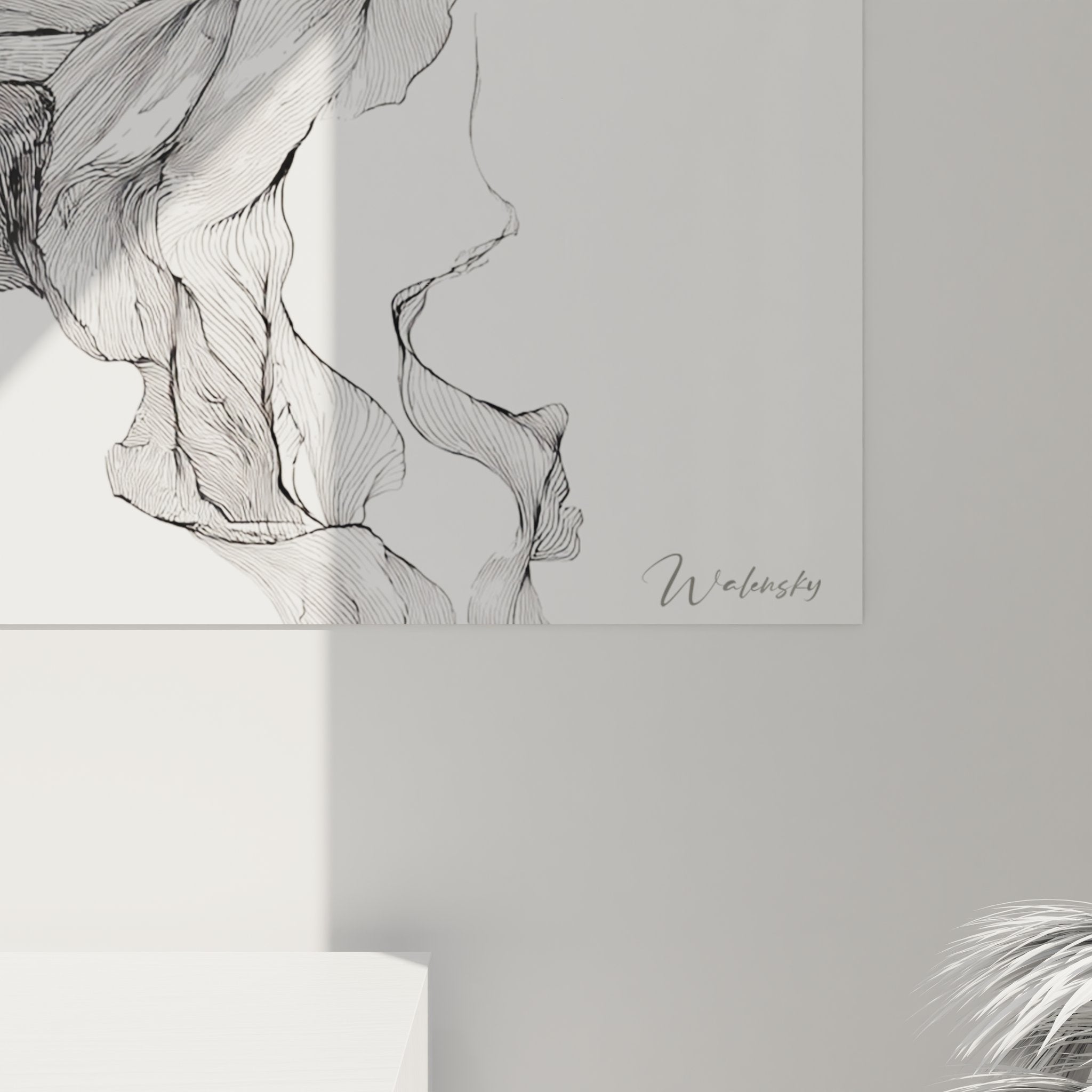 Gesamtansicht Wandbild fragmentiertes Gesicht - poetische Metamorphose in schwarz-weiß für Wohnraumdeko