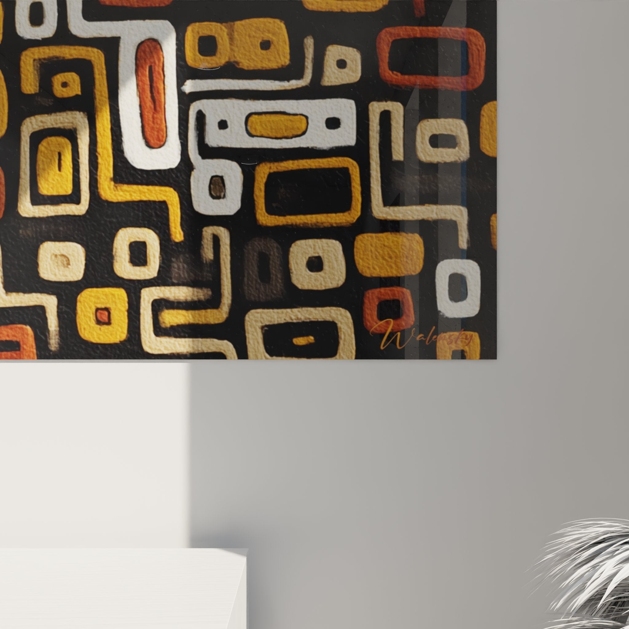 Gesamtansicht des abstrakten Afrika-Wandbildes mit komplexen geometrischen Mustern und warmer Farbpalette