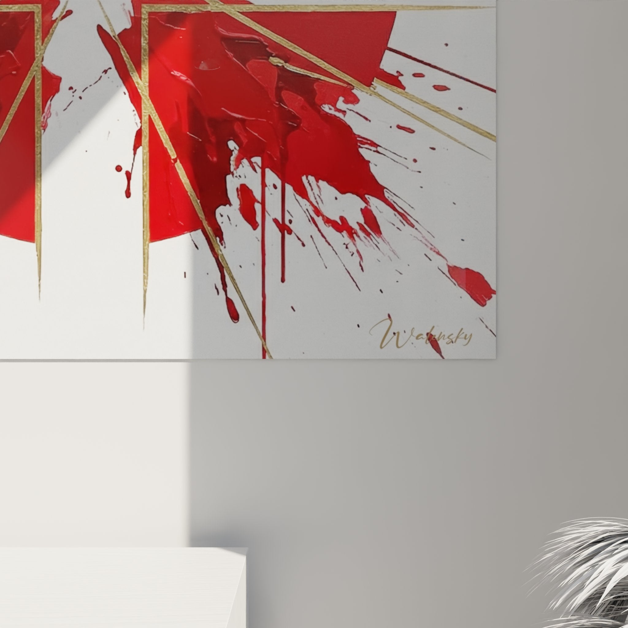 Gesamtansicht Union Jack Splash Art Wandbild, explosive Darstellung der britischen Flagge in zeitgenössischem Stil