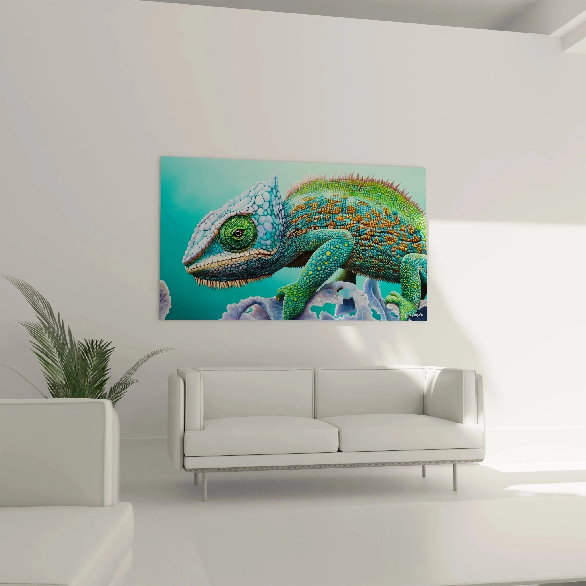 Detailansicht Chamäleon Auge und Schuppenstruktur in brillanten Farben