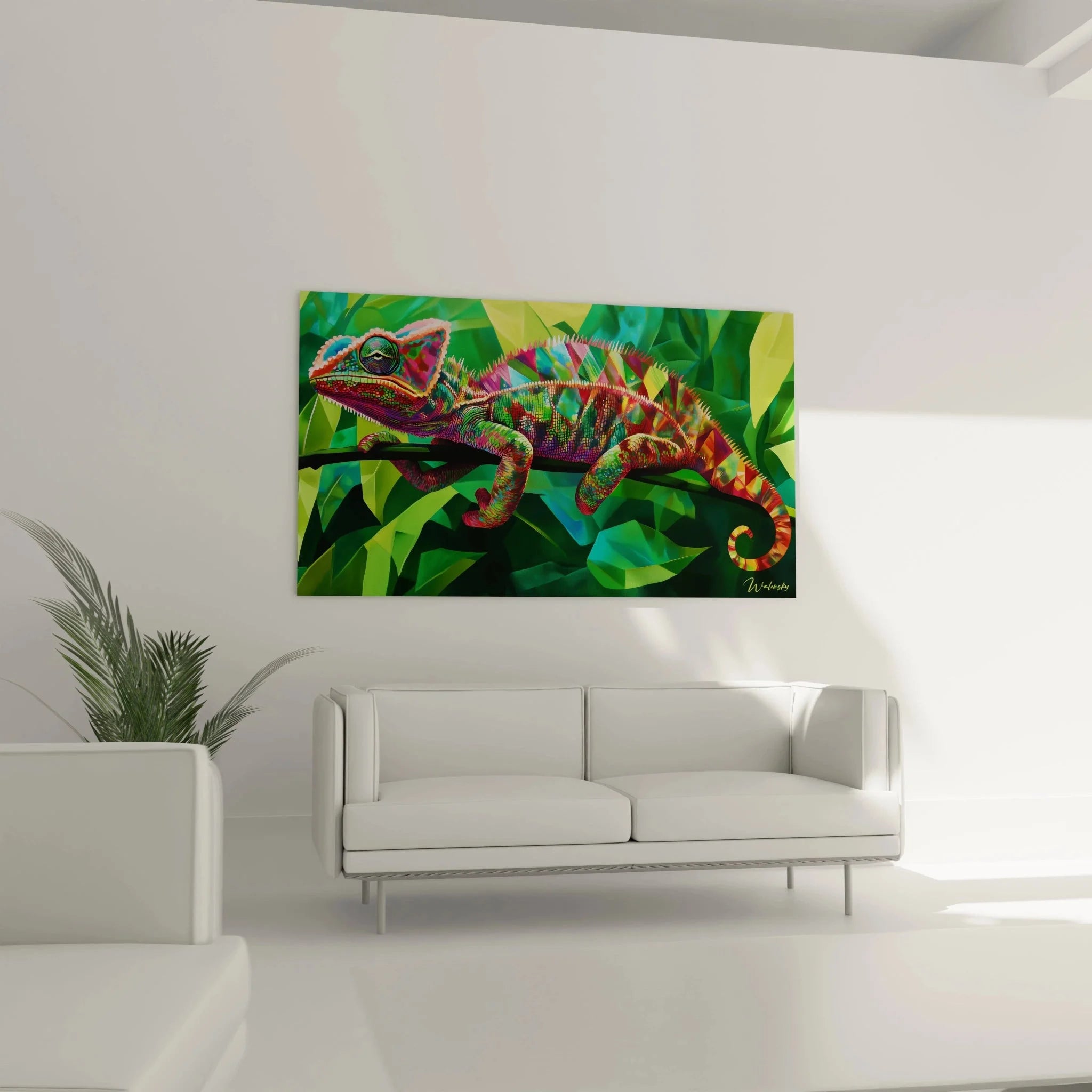 Detailansicht Chamäleon Wandbild zeigt kunstvolle Schuppen und leuchtende Farbverläufe