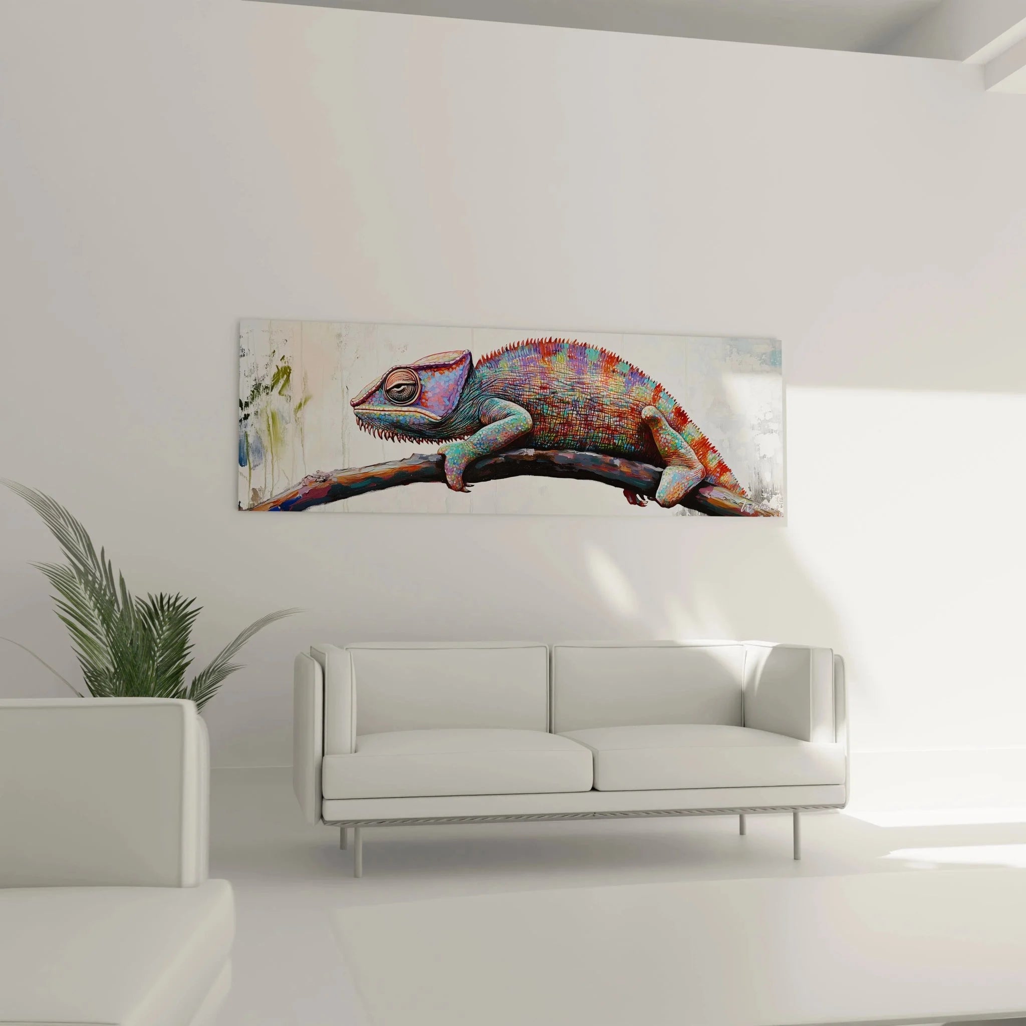 Detailansicht Chamäleon Kunstdruck mit strukturierter Haut und leuchtenden Farben, Wandkunst Reptil