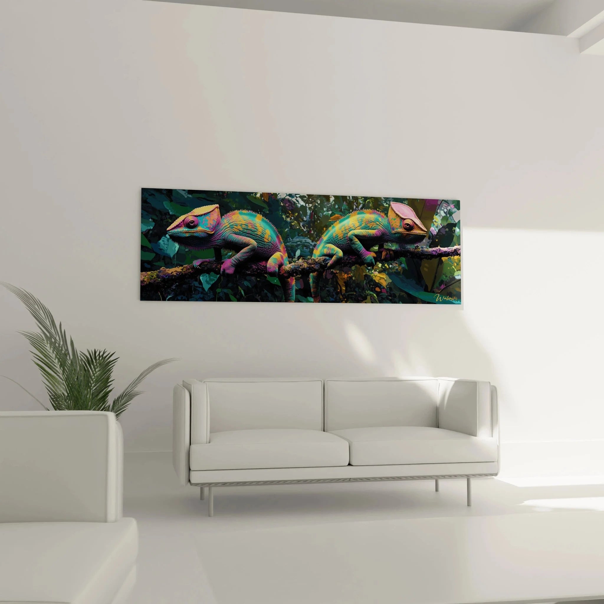 Detailaufnahme Chamäleon Kunstdruck mit leuchtenden Farben, Nahansicht der schuppigen Reptilienhaut