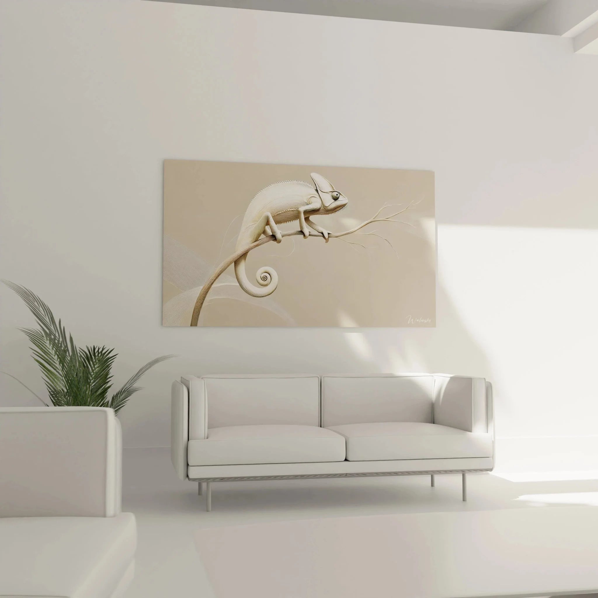 Detailansicht Chamäleon Kunstdruck mit spiralförmigem Schwanz und feinen Linien