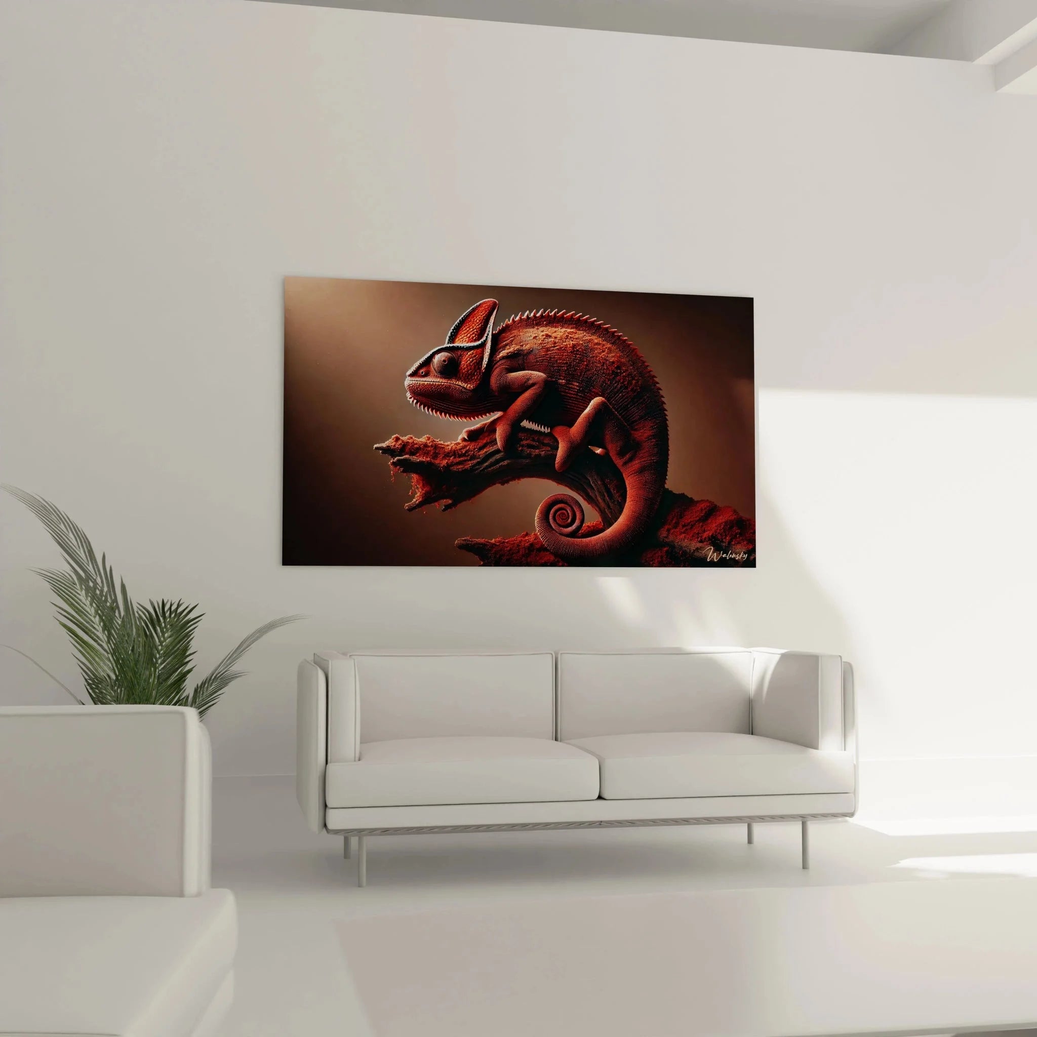 Nahaufnahme Chamäleon Wandbild - Detailreiche Darstellung der roten Schuppenstruktur und Spiralschwanz