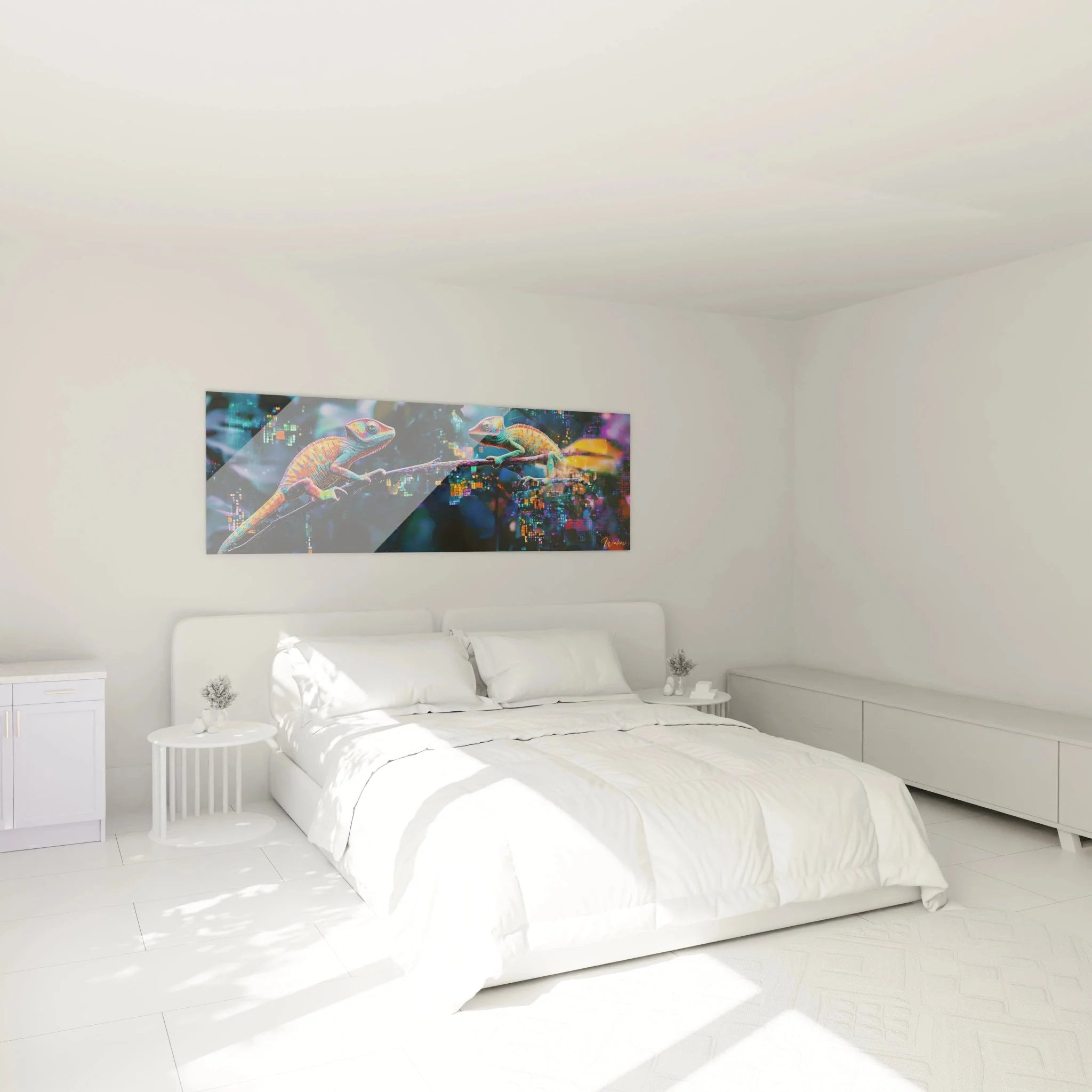 Chamäleon Wandbild Digital als Wanddekoration im modernen Schlafzimmer