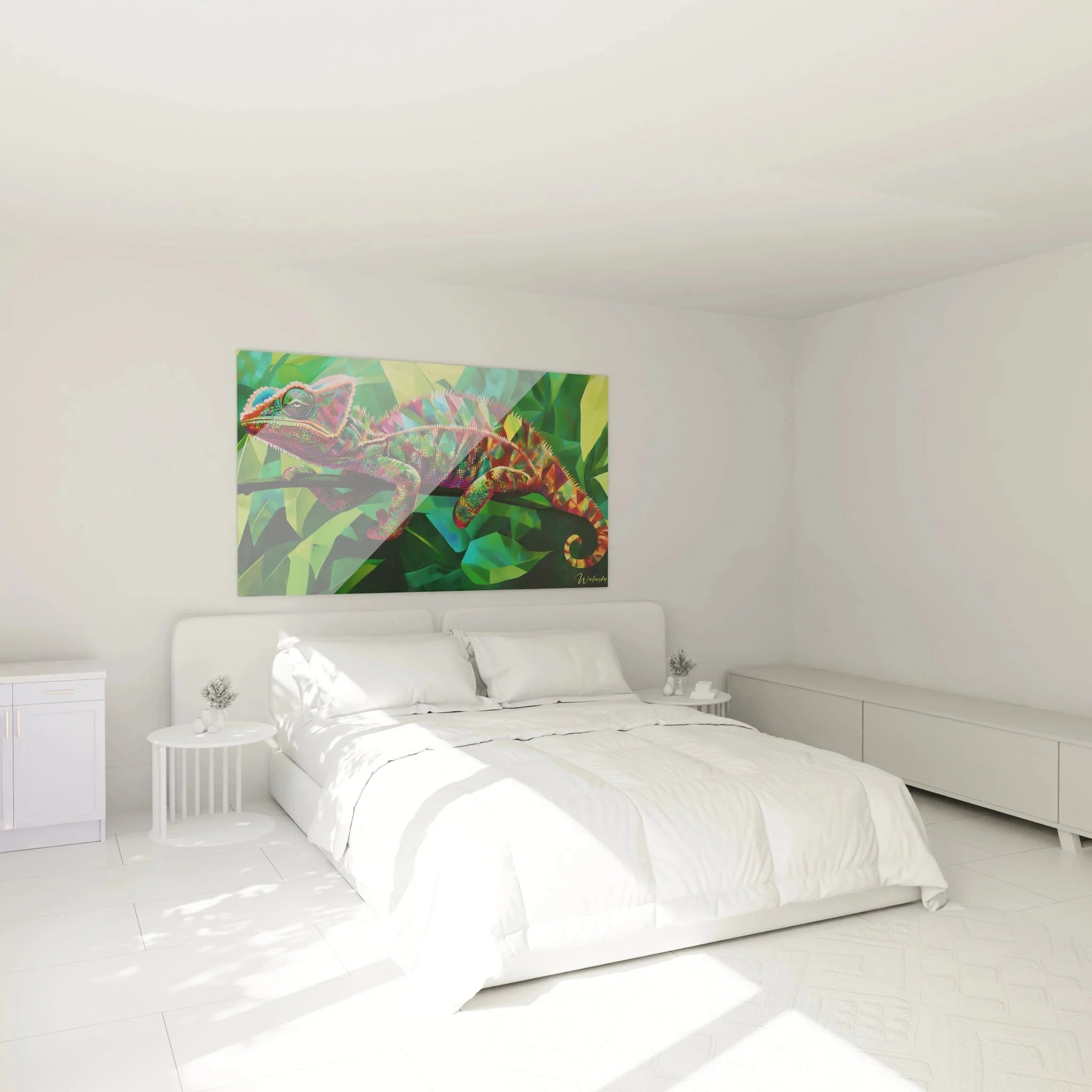 Chamäleon Wandbild XXL in modernem Schlafzimmer als farbenfrohe Wanddekoration