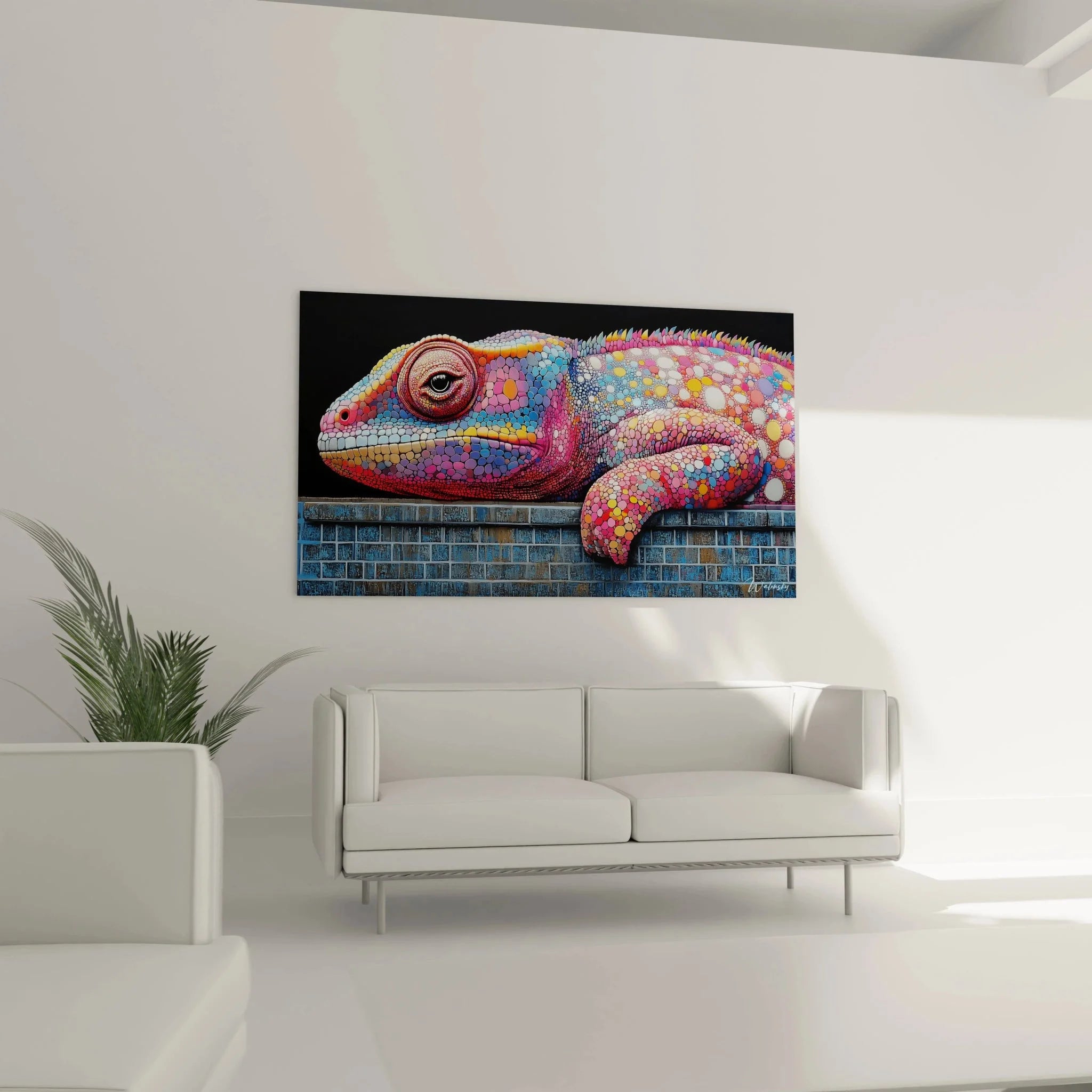 Detailaufnahme des farbenprächtigen Chamäleon Auges im Mosaik-Stil Wandbild