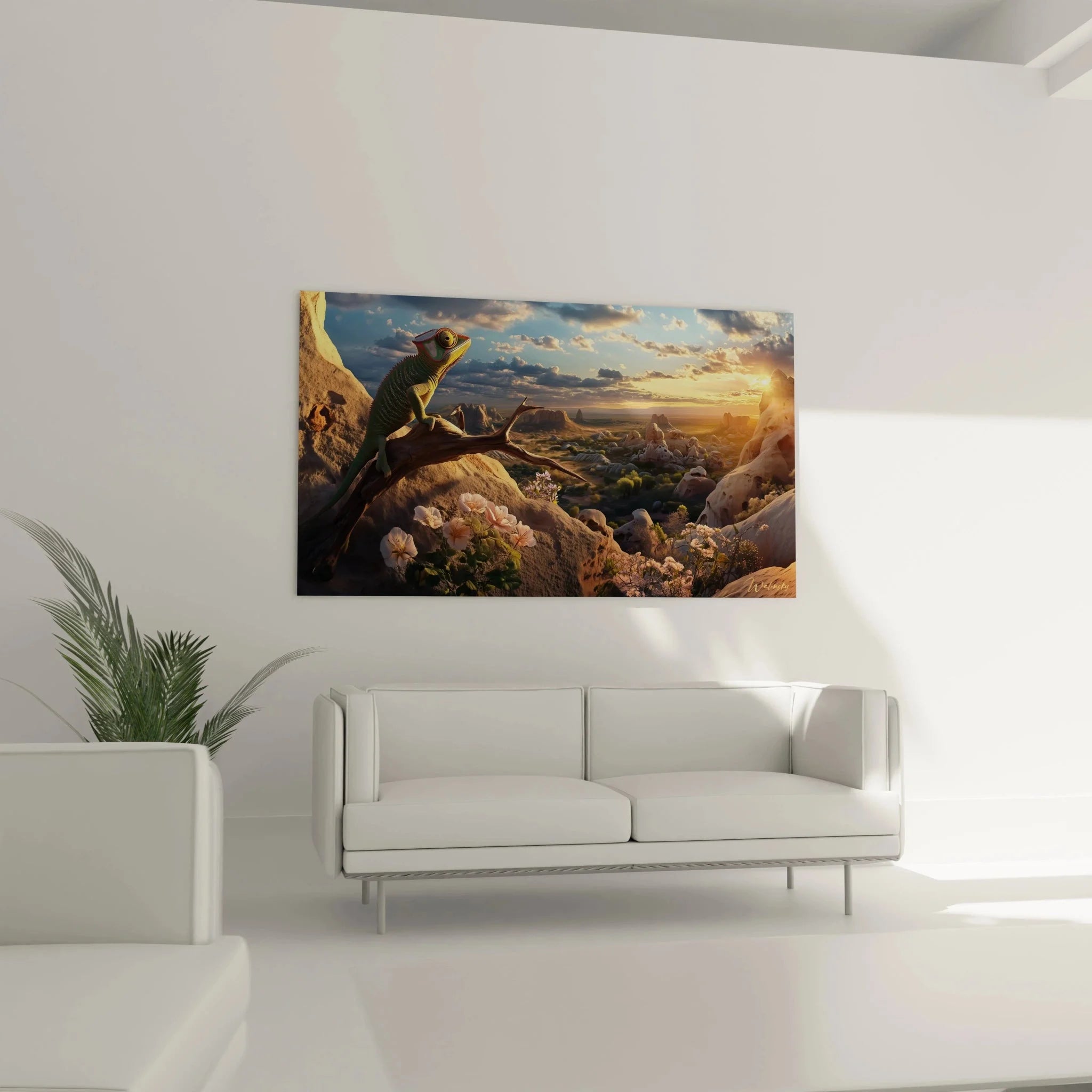 Detailansicht Chamäleon Leinwandbild mit realistischer Darstellung und warmen Farbtönen