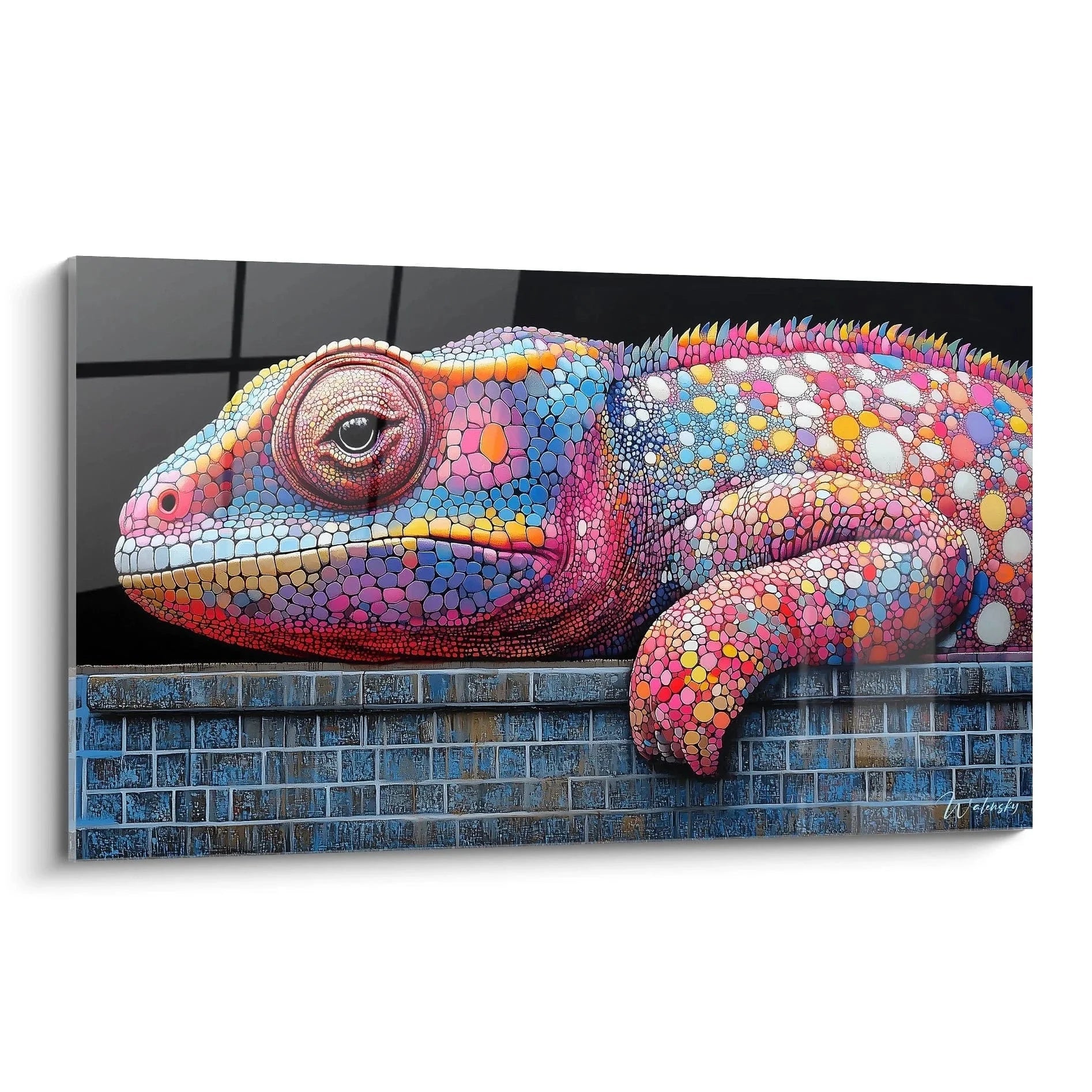 Buntes Chamäleon Wandbild im Mosaik-Design auf Ziegelmauer - Edition Chamäleon Kunstwerk