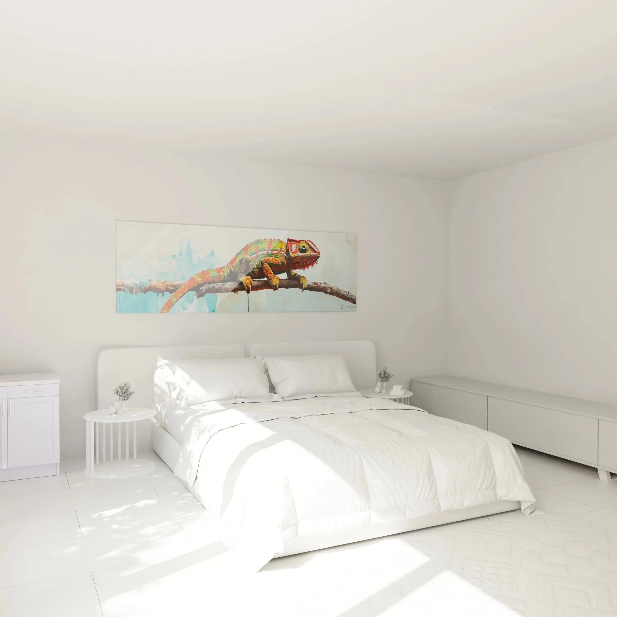 Chamäleon Wandbild im Schlafzimmer Ambiente - Moderne Reptilien Wandkunst als Wanddekoration