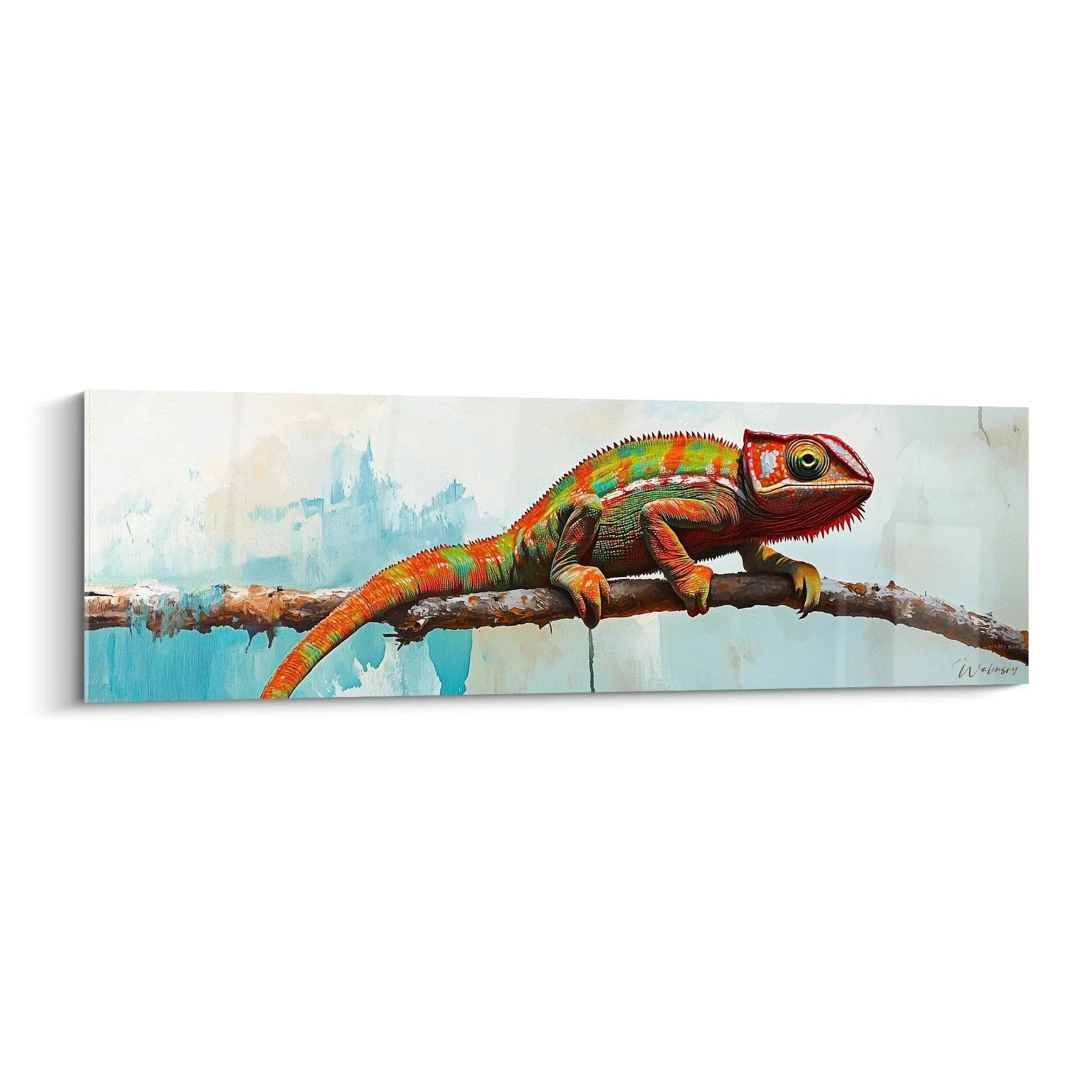 Buntes Chamäleon Wandbild XXL auf Ast mit leuchtenden Farben - Edition Chamäleon Reptilien Kunst