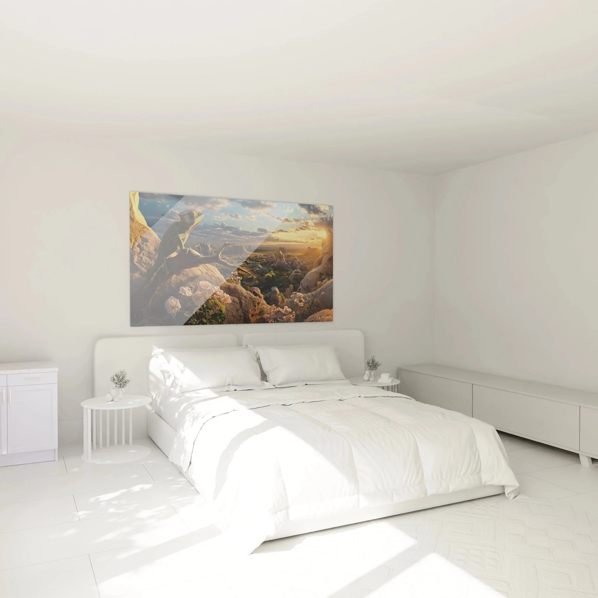Wandbild XXL Chamäleon Wüste als stilvolle Wanddekoration im modernen Schlafzimmer