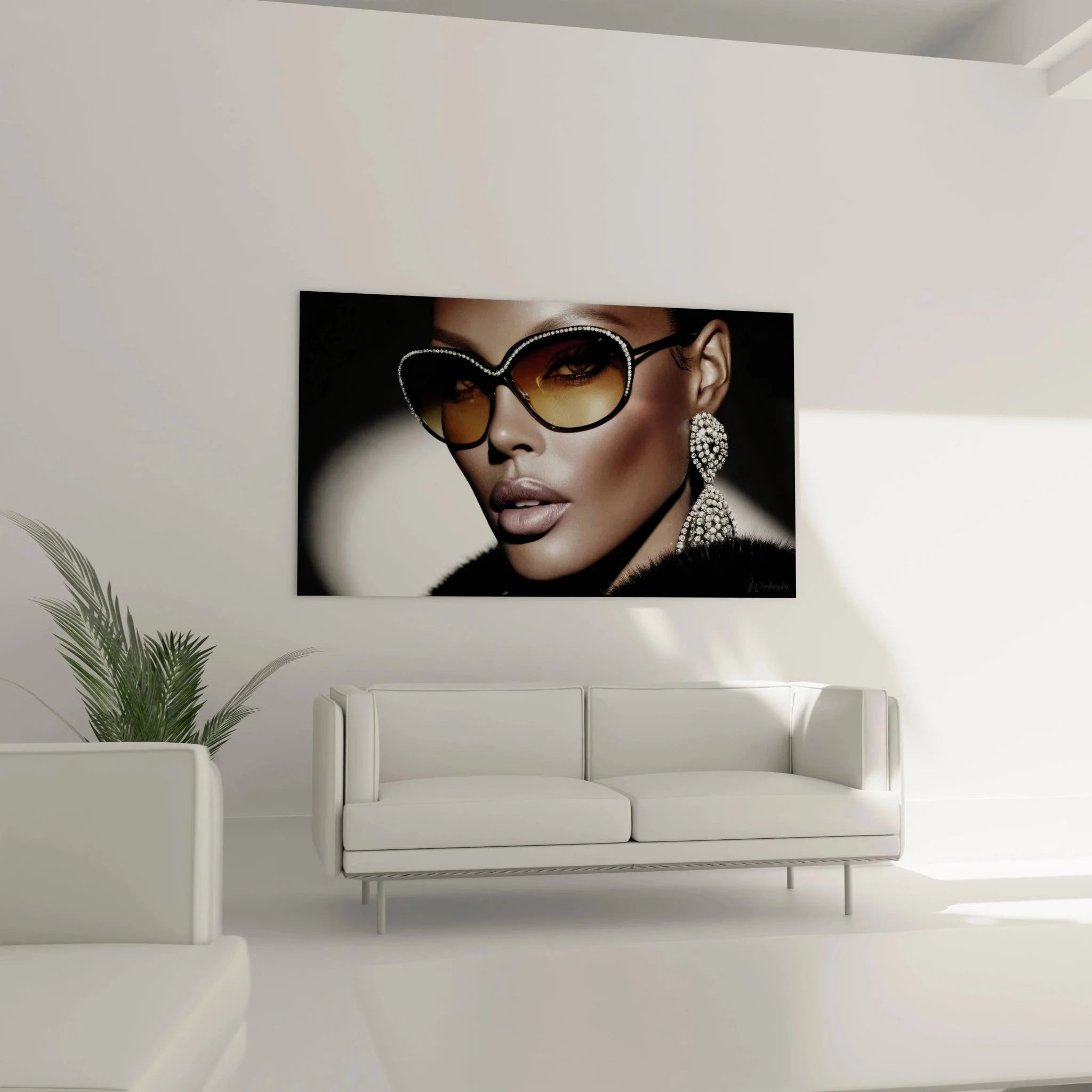 Detailansicht Diamant-Sonnenbrille und Ohrringe - Luxus Fashion Portrait Wandbild Nahaufnahme