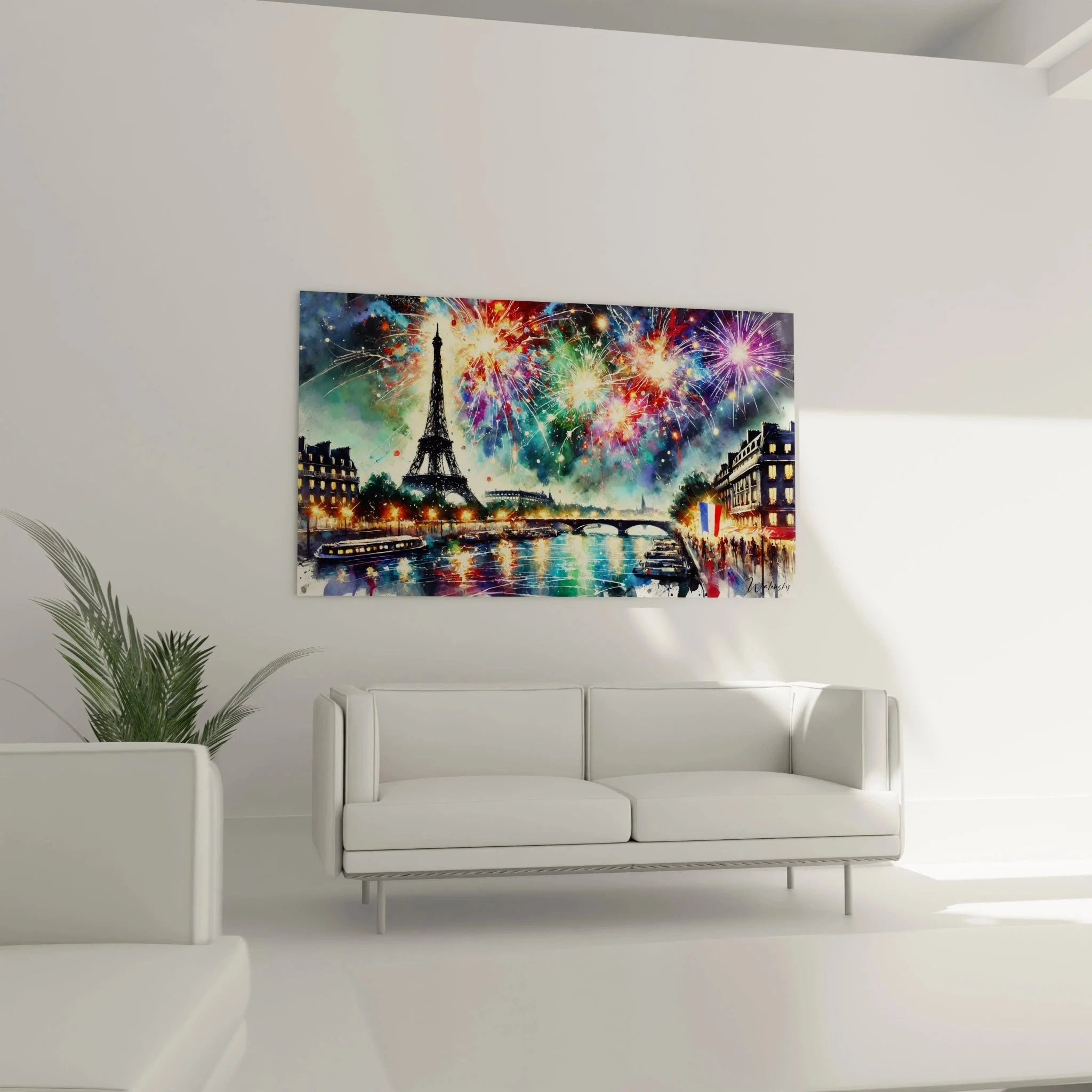 Detailansicht Wandbild Paris Feuerwerk über Eiffelturm, leuchtende Farben und Seine-Reflexionen
