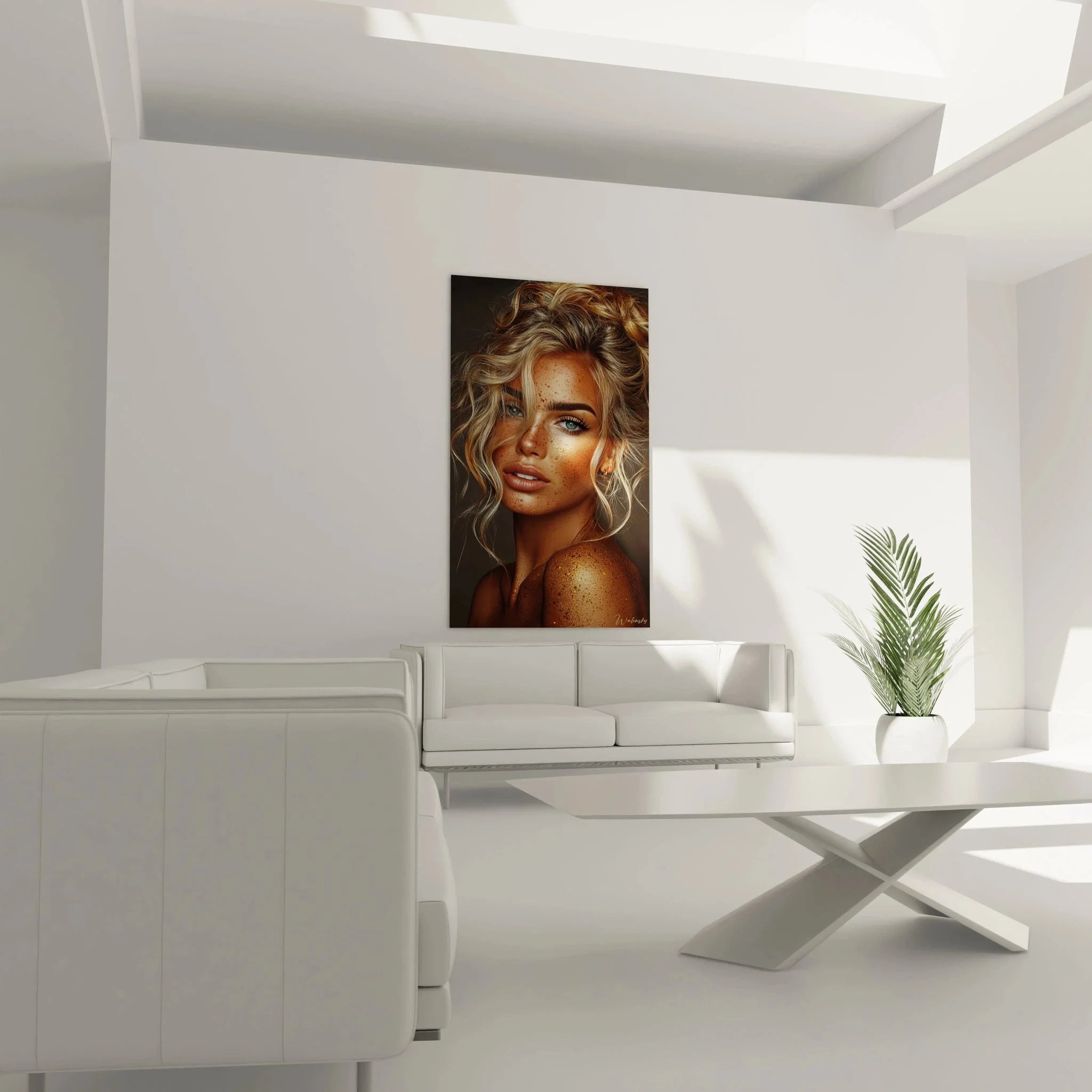 Detailansicht Portrait Wandbild - blonde Frau mit goldenem Glitzer Makeup und Sommersprossen