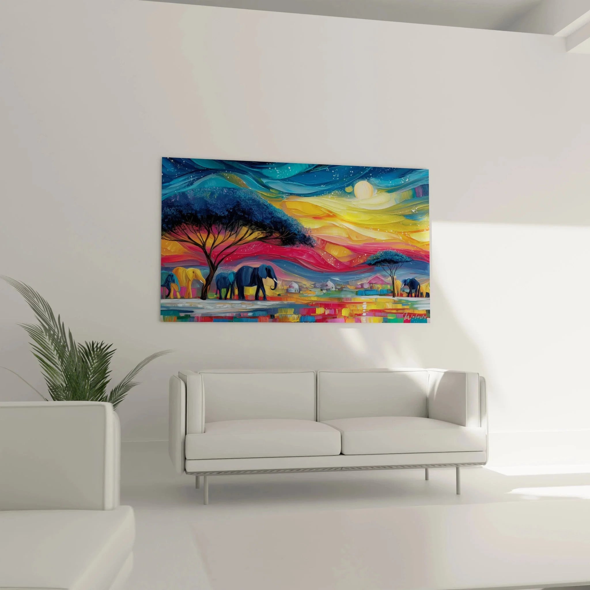 Detailansicht Wandbild Afrika Elefanten Savanne impressionistische Farben Kunstdruck Nahaufnahme