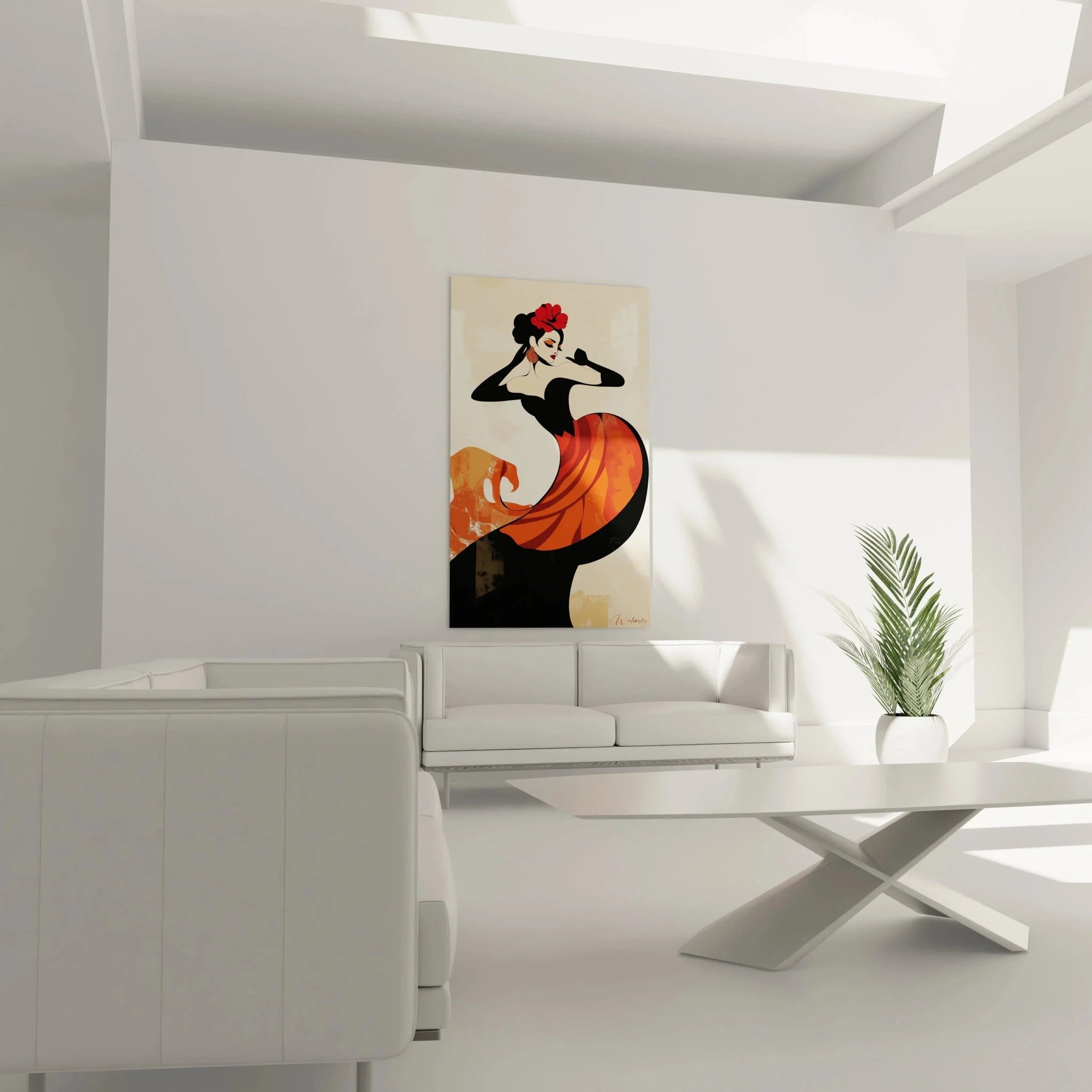 Detailansicht des abstrakten Flamencotänzerin Wandbildes mit leuchtenden Rot- und Orangetönen