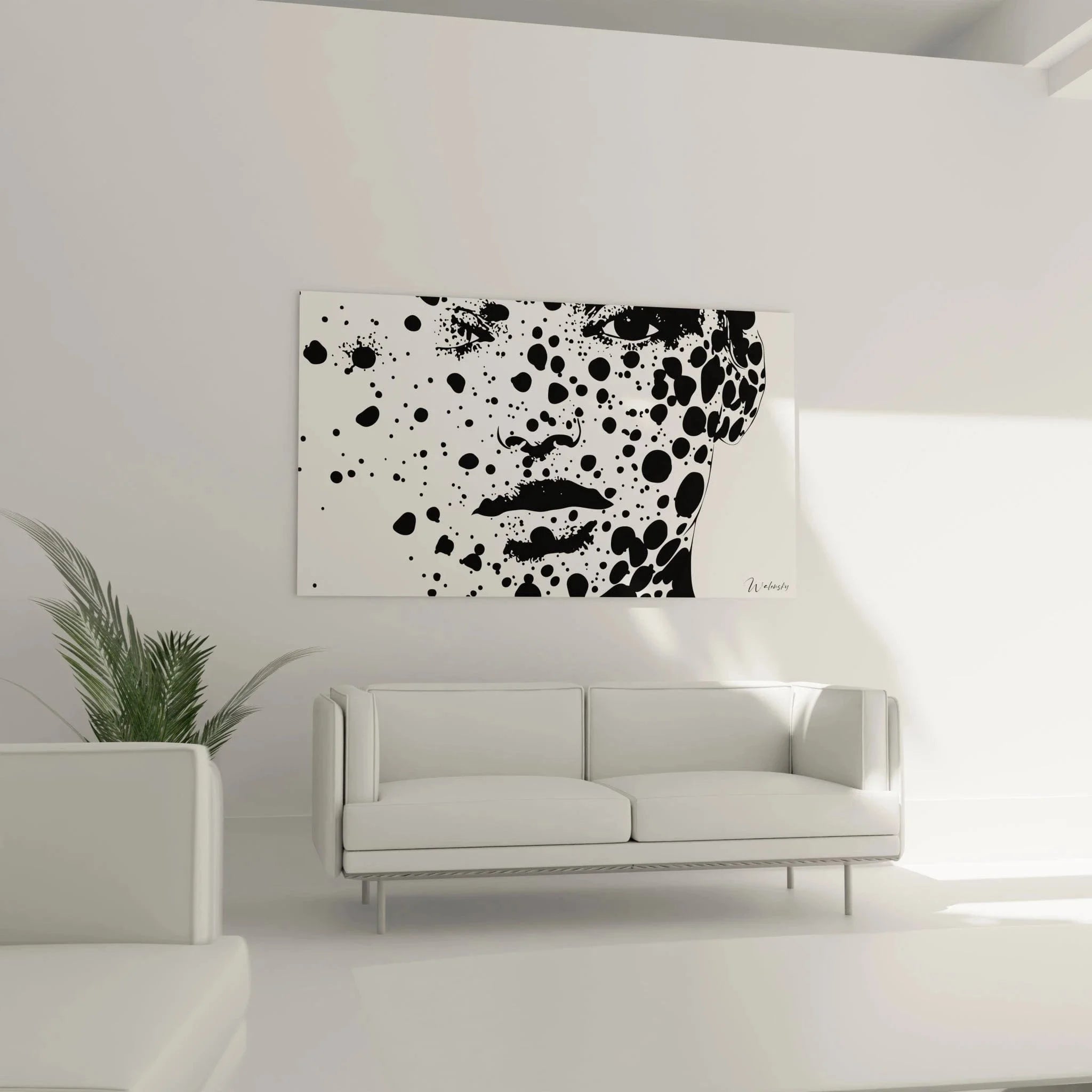 Detailansicht Wandbild Portrait mit abstraktem Punktmuster, hochwertige schwarz-weiß Wandkunst Nahaufnahme