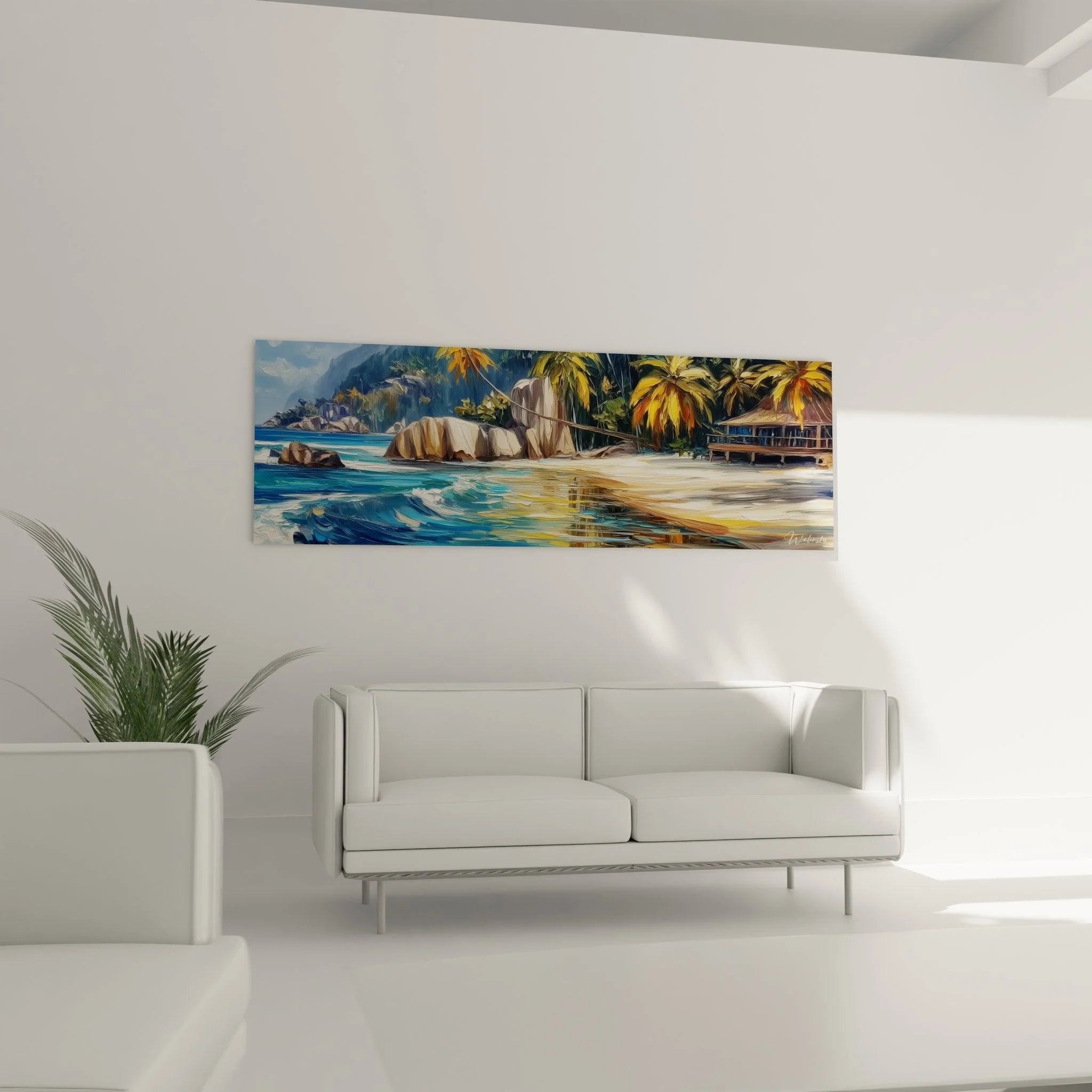 Nahaufnahme Wandbild Strandszene zeigt Details von Palmen und kristallklarem Wasser