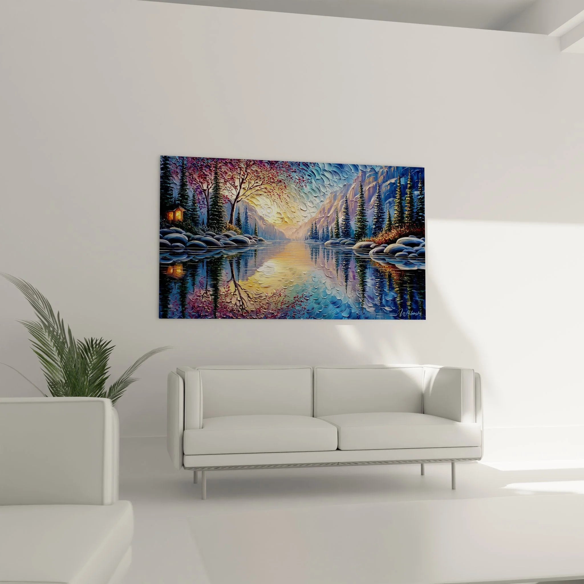 Detailansicht Wandbild Winterlandschaft - kunstvolle Textur und Farbverläufe der Schneeszene am See