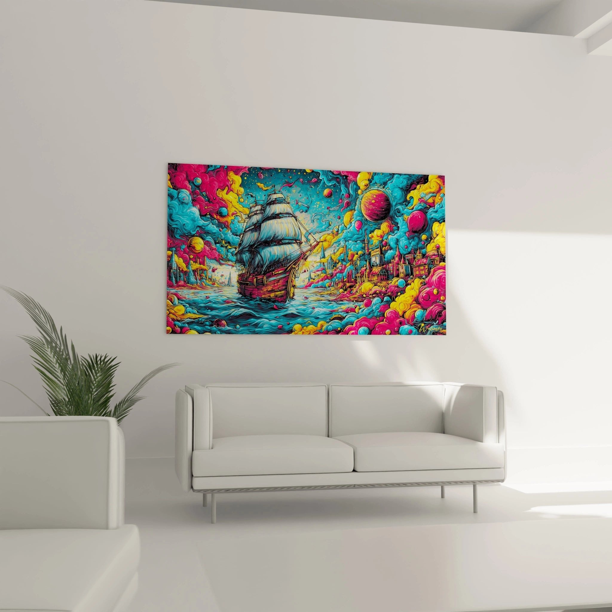 Nahaufnahme des psychedelischen Segelschiff Wandbildes mit wirbelnden Farbwolken und Details