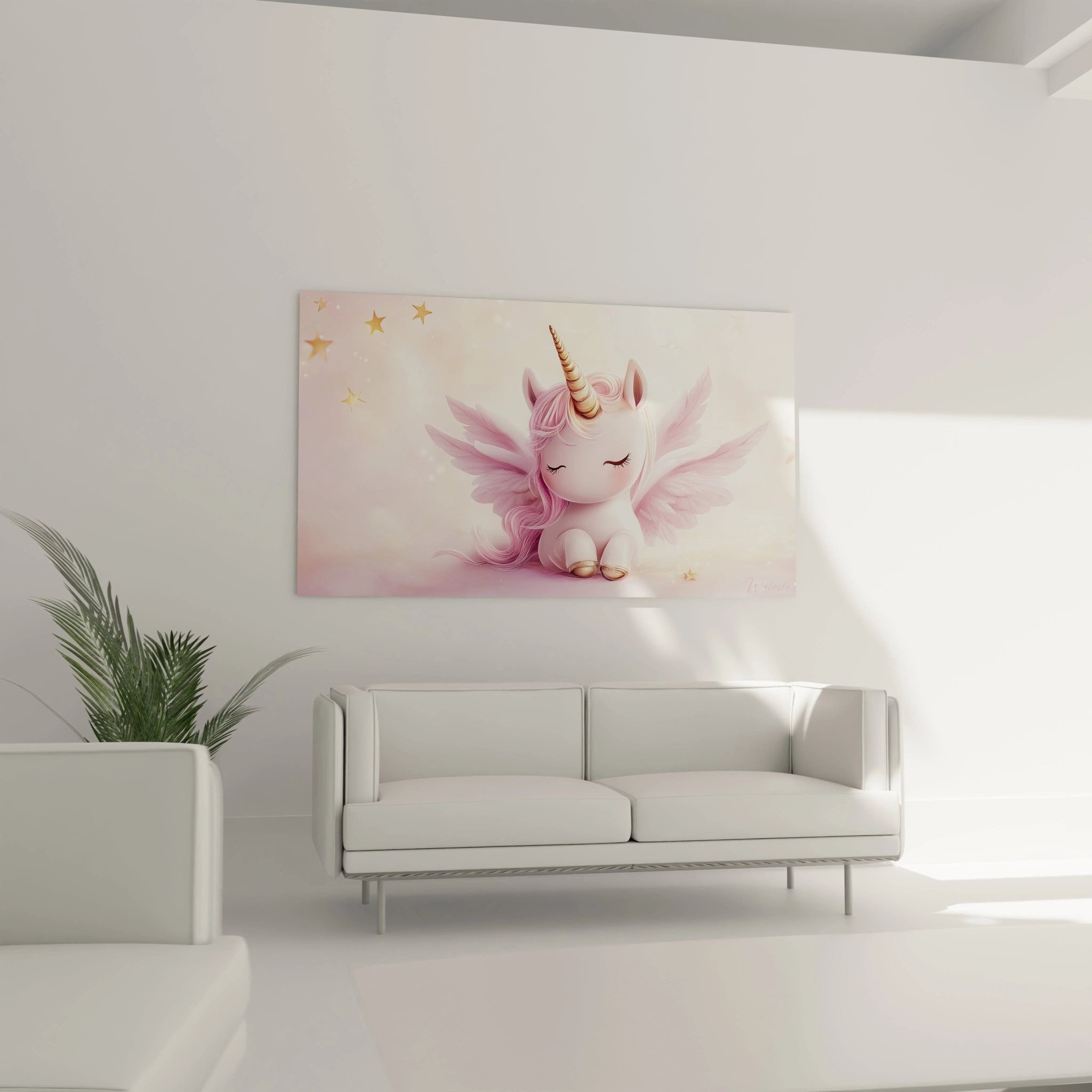 Detailaufnahme des schlafenden rosa Einhorns mit goldenen Horn und ausgebreiteten rosa Flügeln