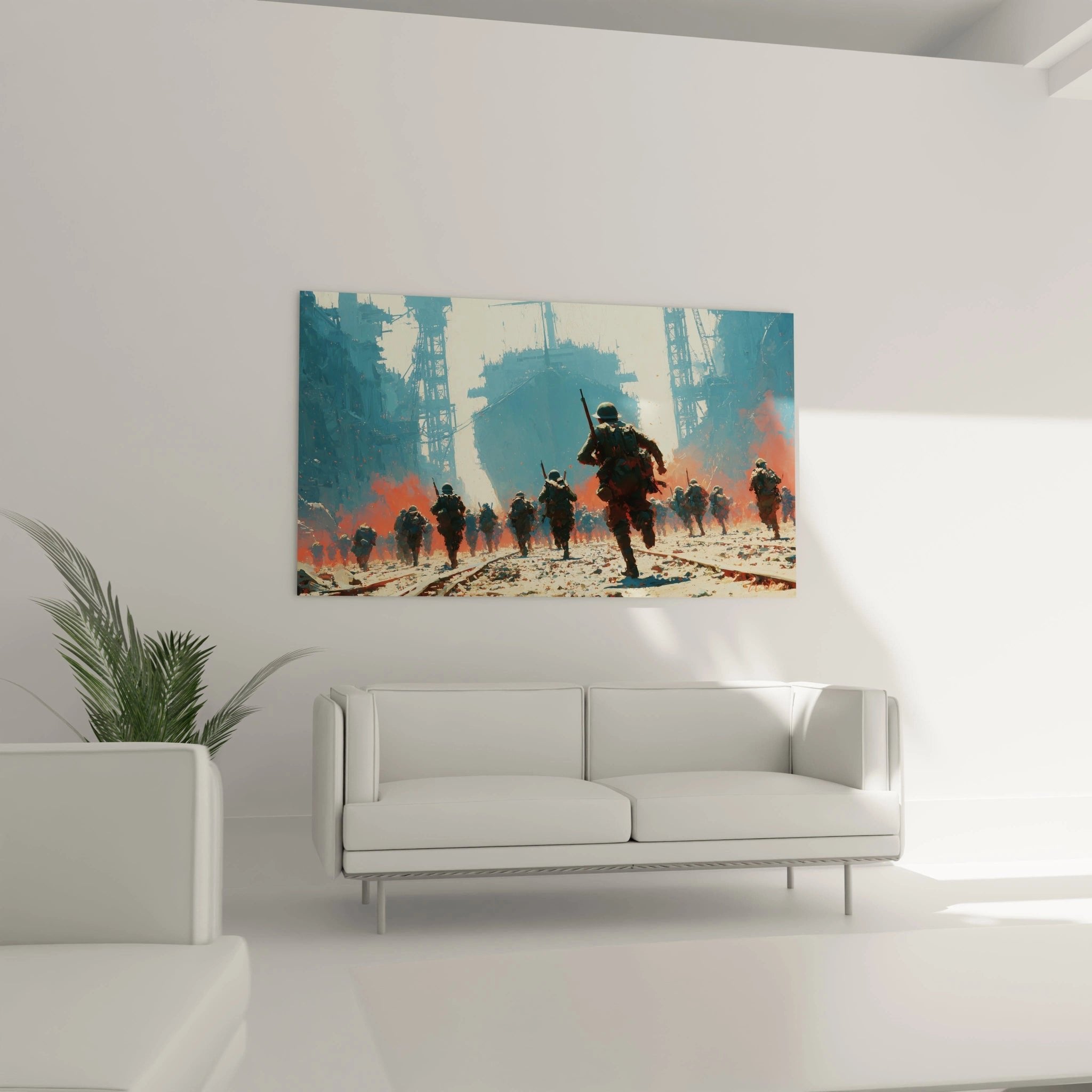 Nahaufnahme Wandbild Detail Soldat mit Stahlhelm und Gewehr im Ersten Weltkrieg Angriff