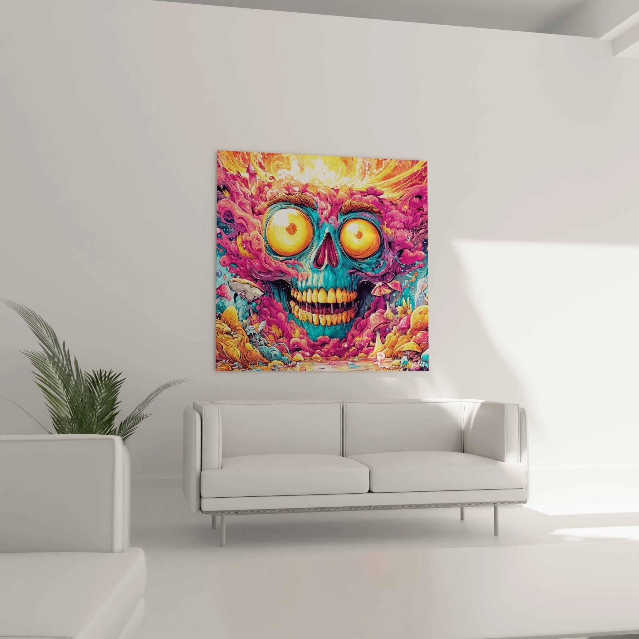 Nahaufnahme des psychedelischen Totenkopfs mit spiralförmigen Augen in warmen Orange- und Gelbtönen