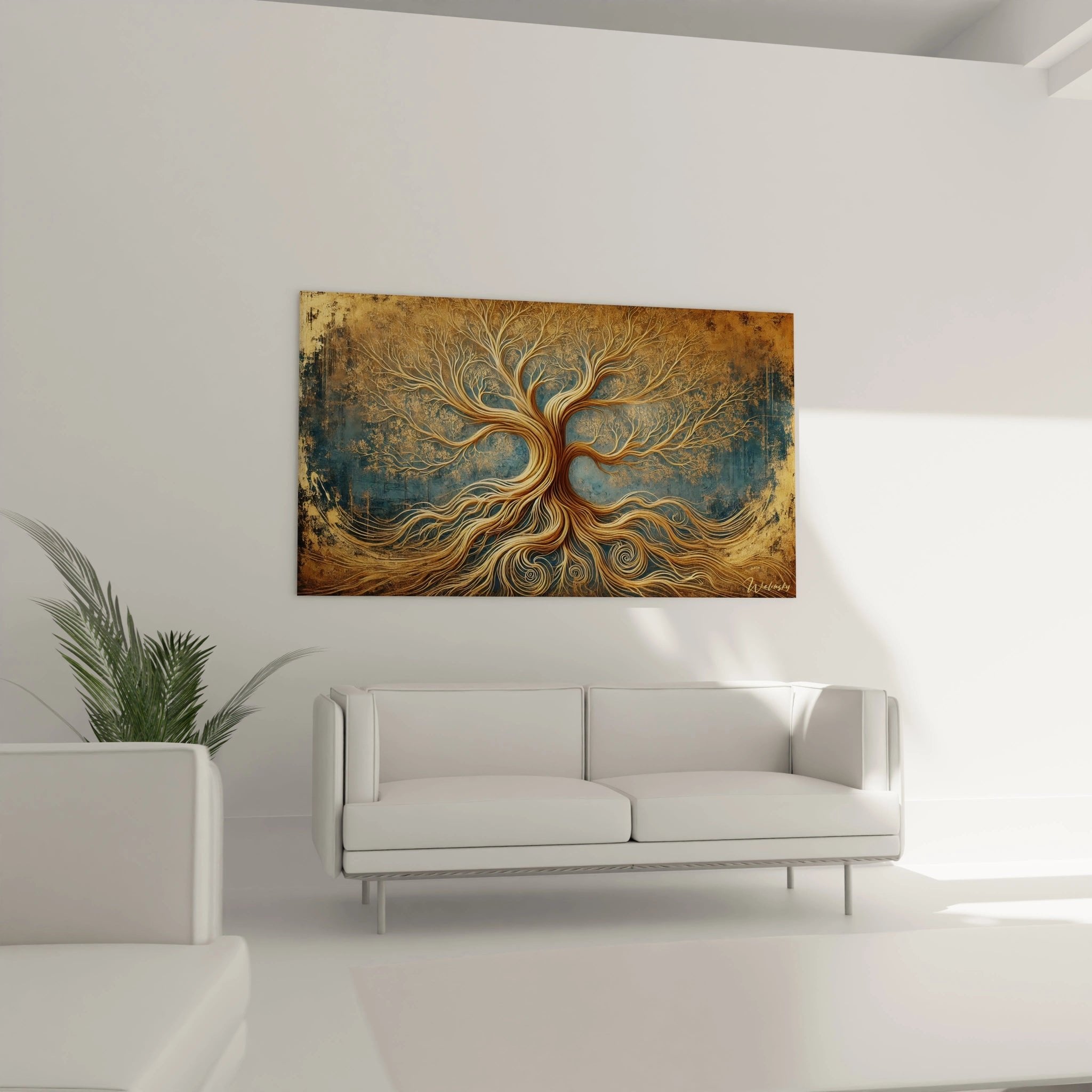 Nahaufnahme der goldenen Spiralen und Äste des Lebensbaum Wandbildes mit antiker Patina-Textur